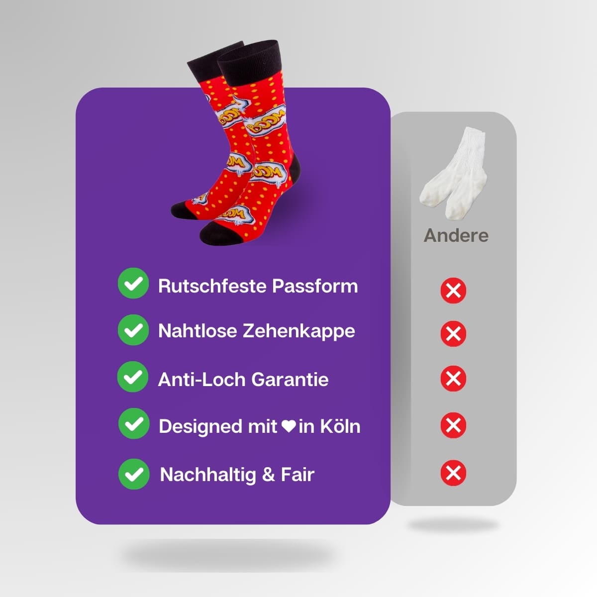 Vergleich der roten Boom Comic Socken von PATRON SOCKS mit Socken anderer Marken