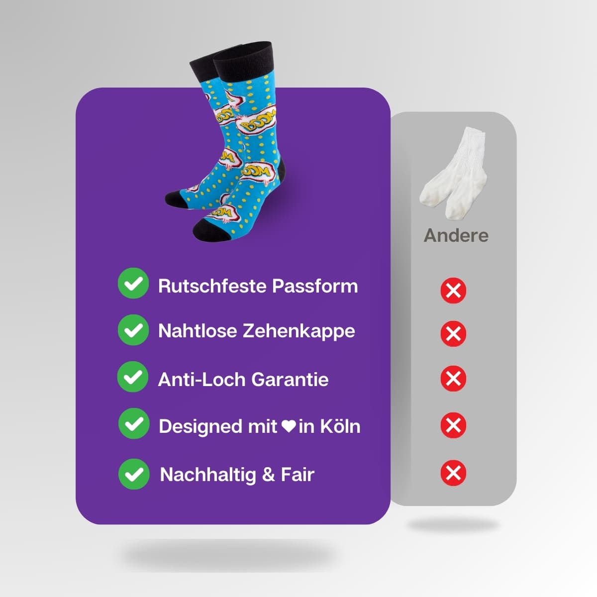 Vergleich der blauen Boom Comic Socken von PATRON SOCKS mit Socken anderer Marken