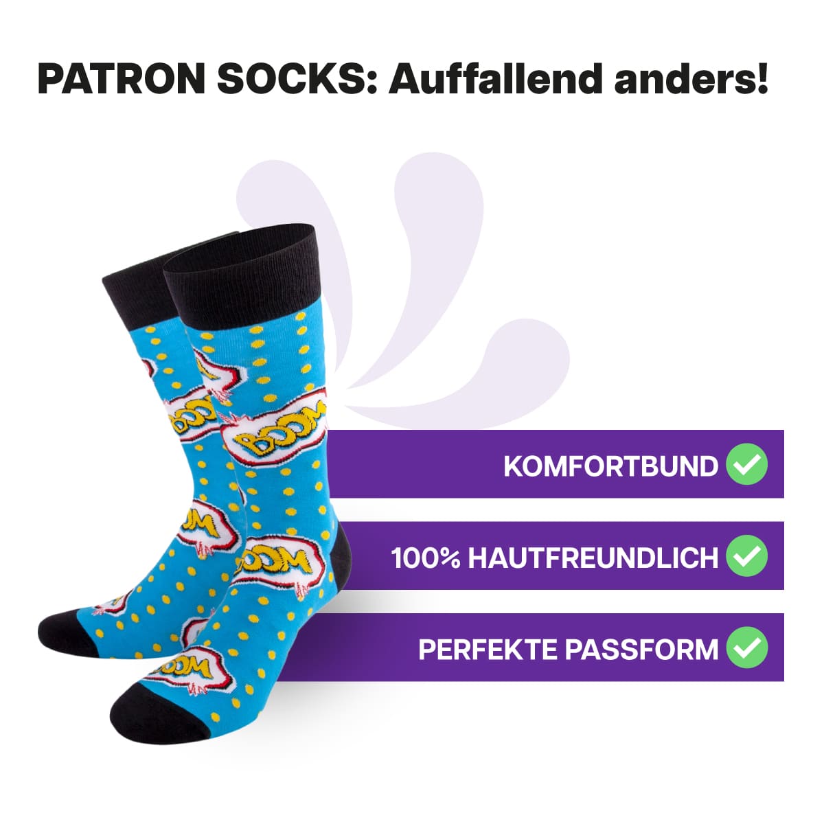 Hautfreundliche, blaue Comic Socken von PATRON SOCKS mit Komfortbund. Sehr gute Passform!