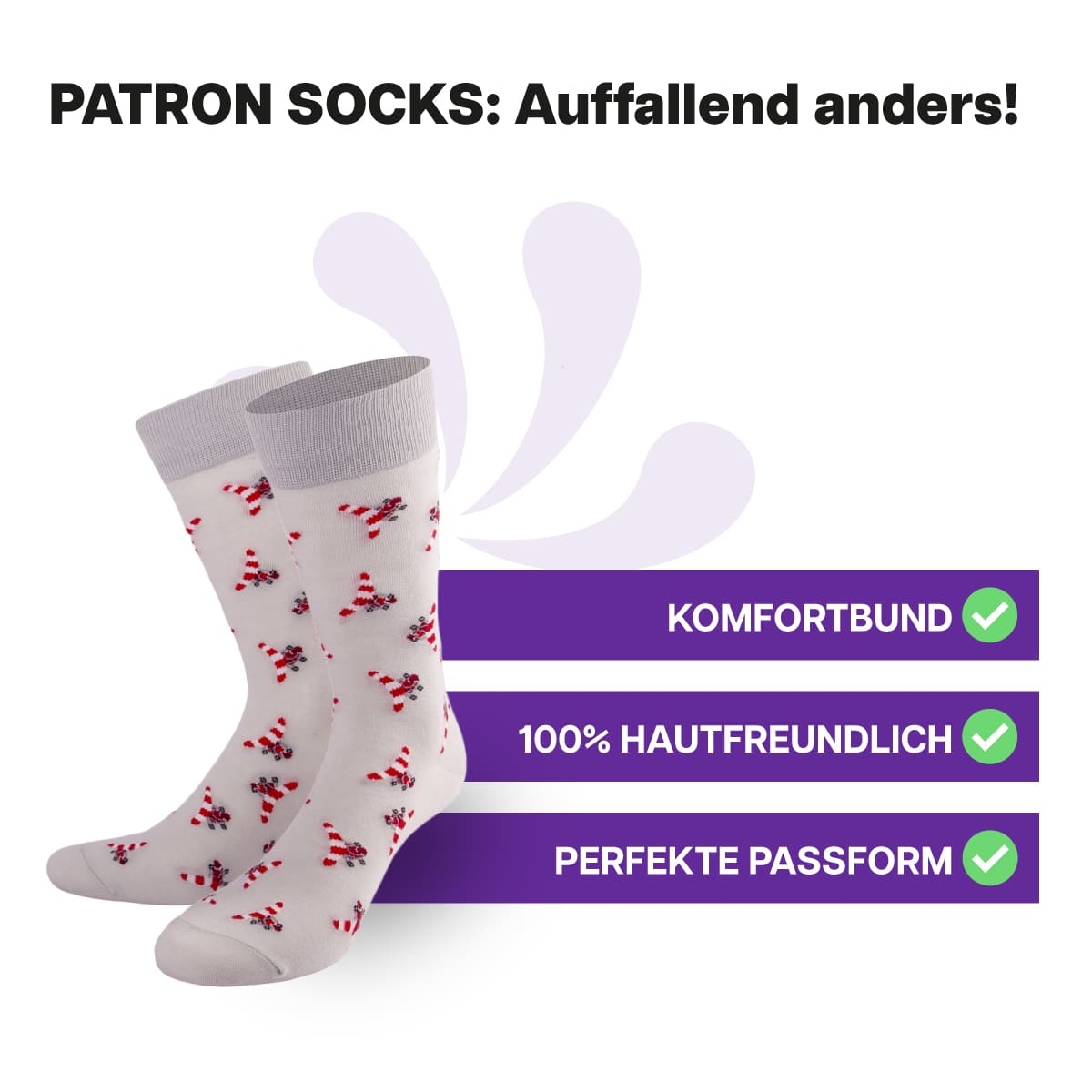 Hautfreundliche, graue Flugzeug Socken von PATRON SOCKS mit Komfortbund. Sehr gute Passform!