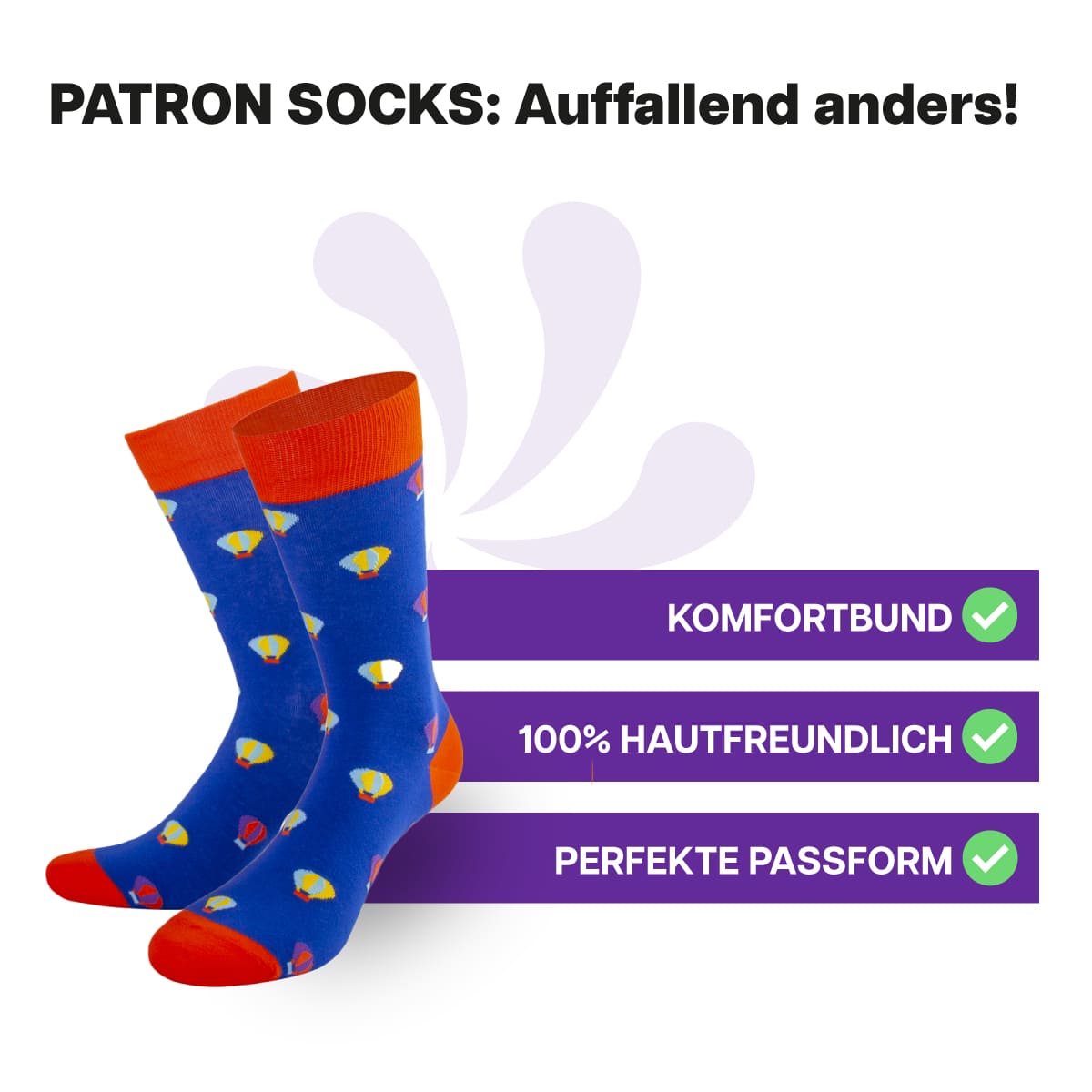 Hautfreundliche, blaue Heißluftballon Socken von PATRON SOCKS mit Komfortbund. Sehr gute Passform!