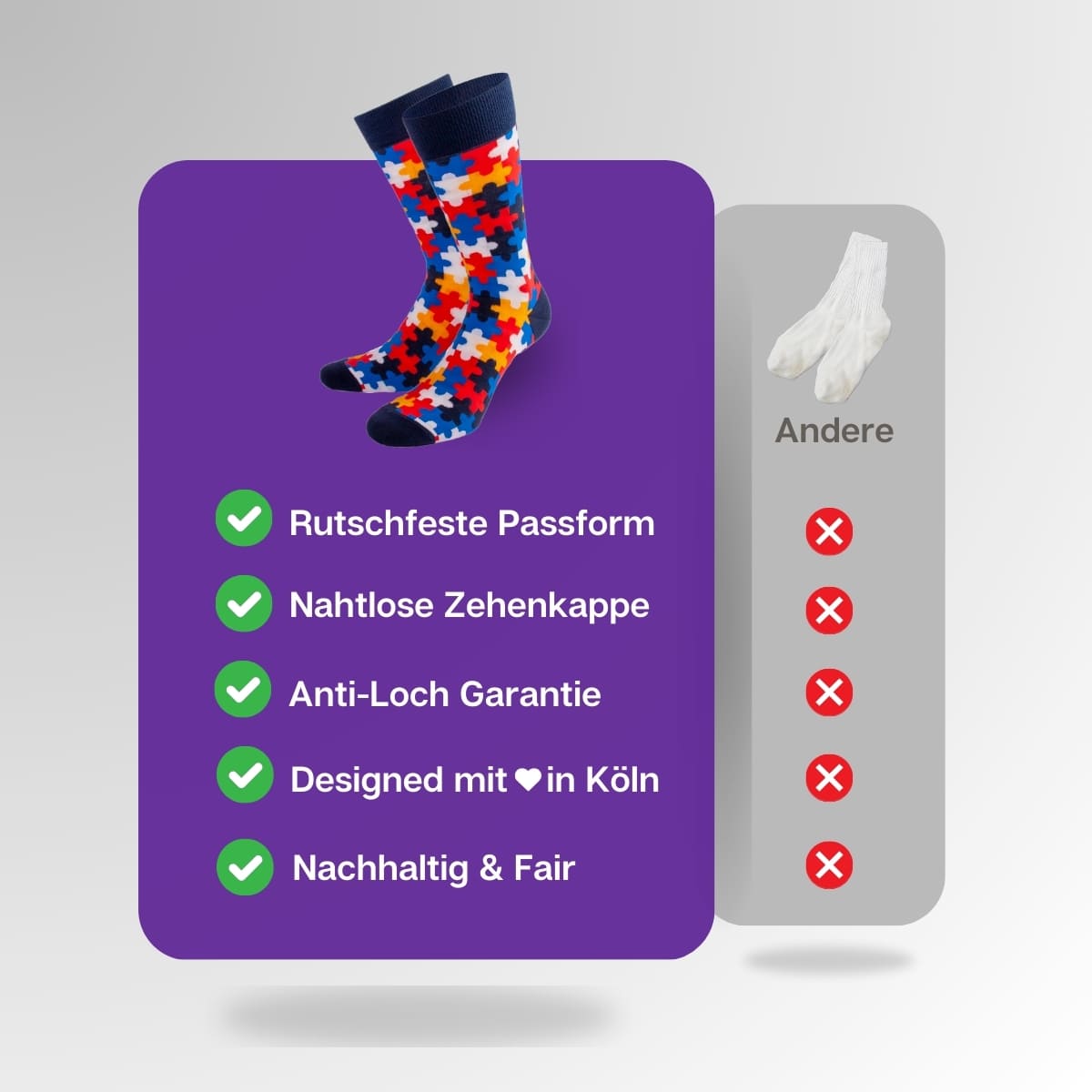 Vergleich der blauen Puzzle Socken von PATRON SOCKS mit Socken anderer Marken