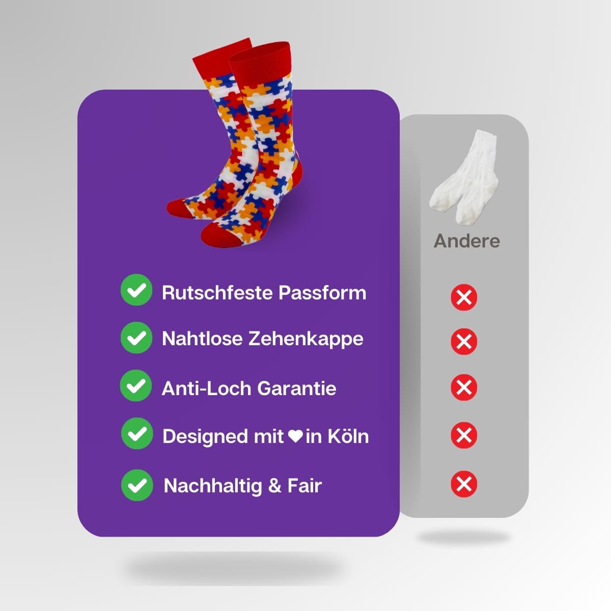 Vergleich der roten Puzzle Socken von PATRON SOCKS mit Socken anderer Marken