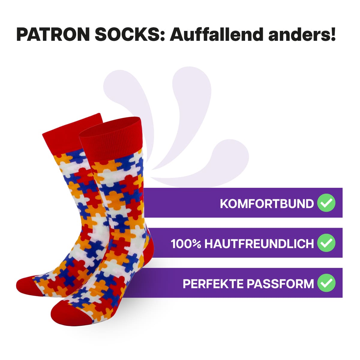 Hautfreundliche, rote Puzzle Socken von PATRON SOCKS mit Komfortbund. Sehr gute Passform!