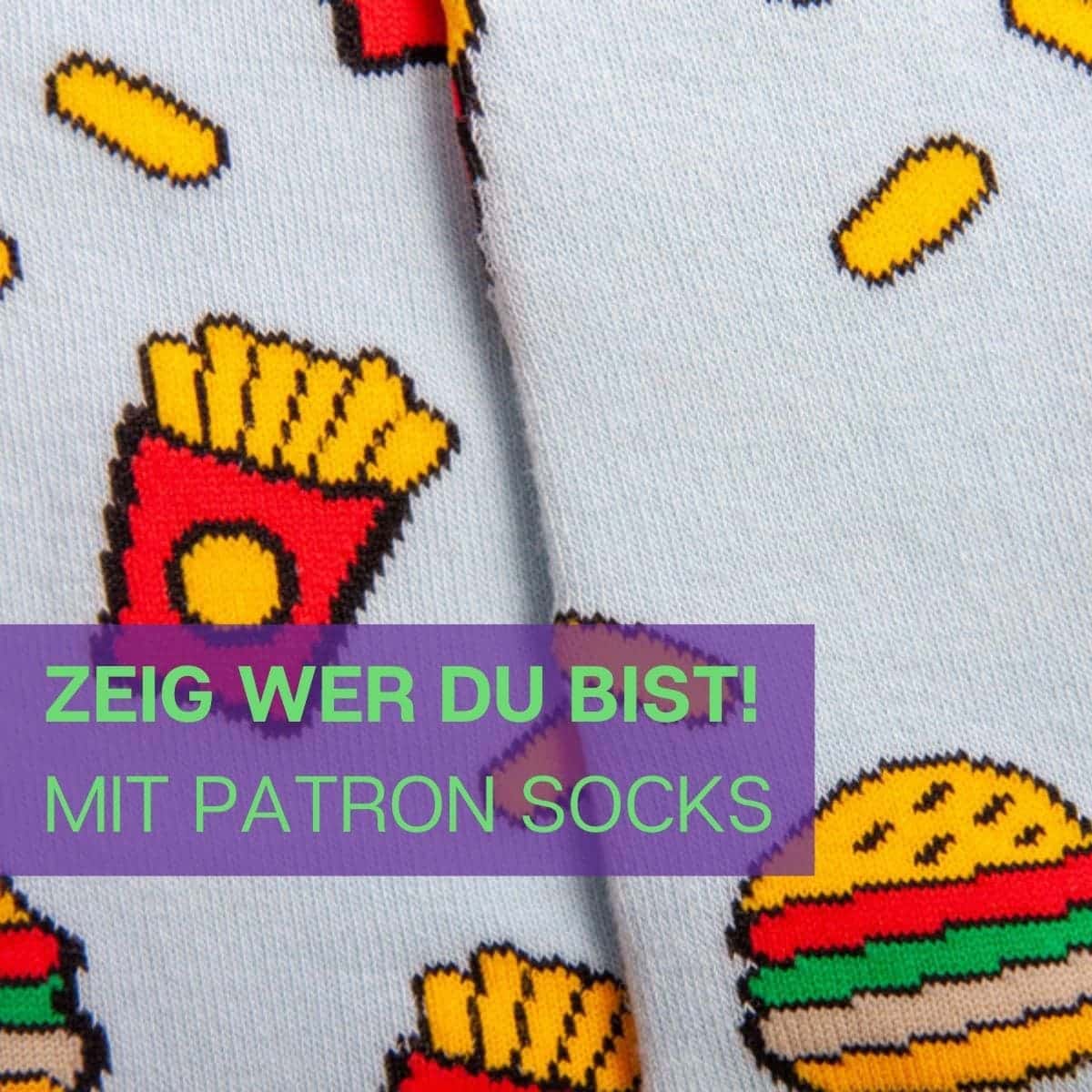 Nahaufnahme des lustigen Designs der Hamburger Socken von PATRON SOCKS