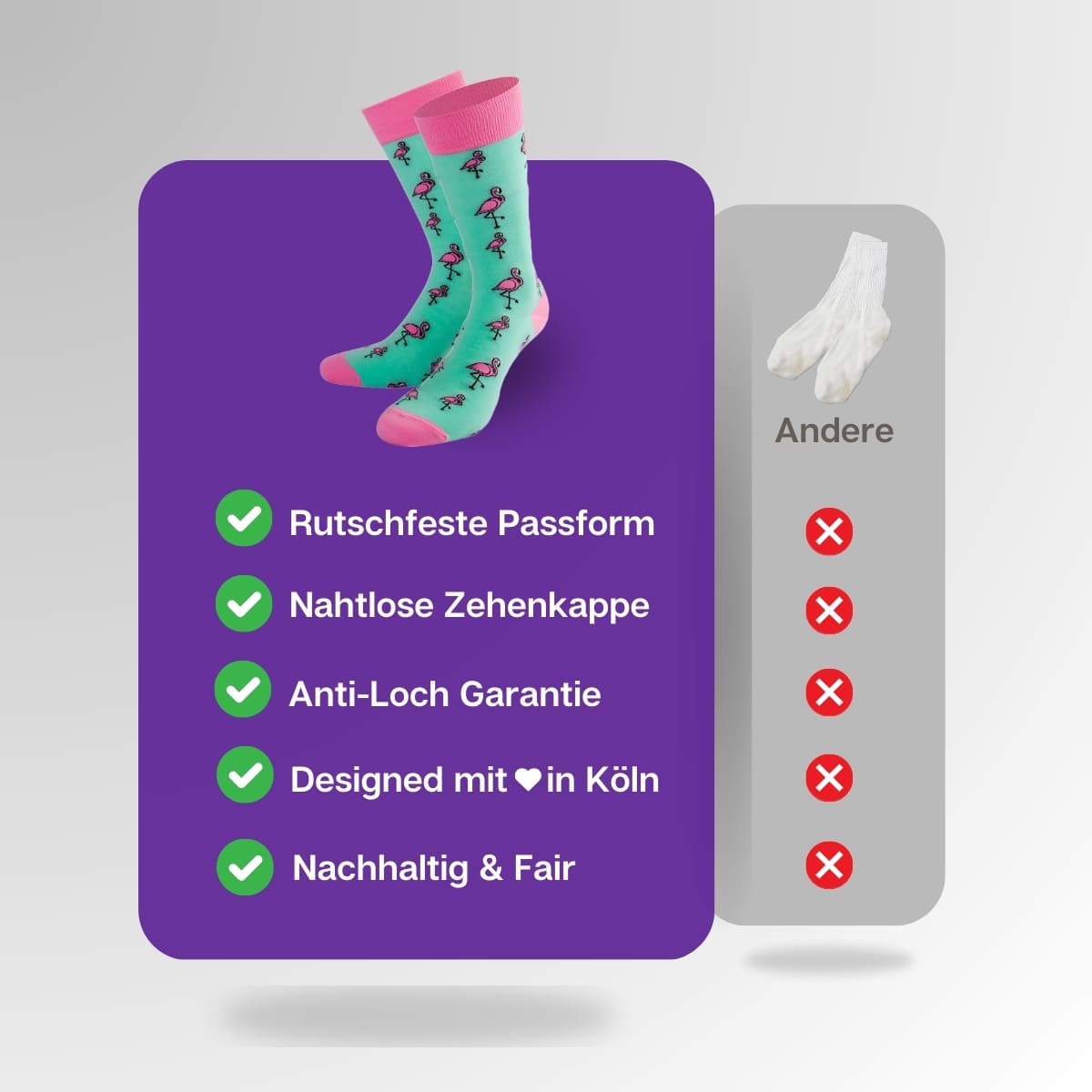 Vergleich der grünen Flamingo Socken von PATRON SOCKS mit Socken anderer Marken