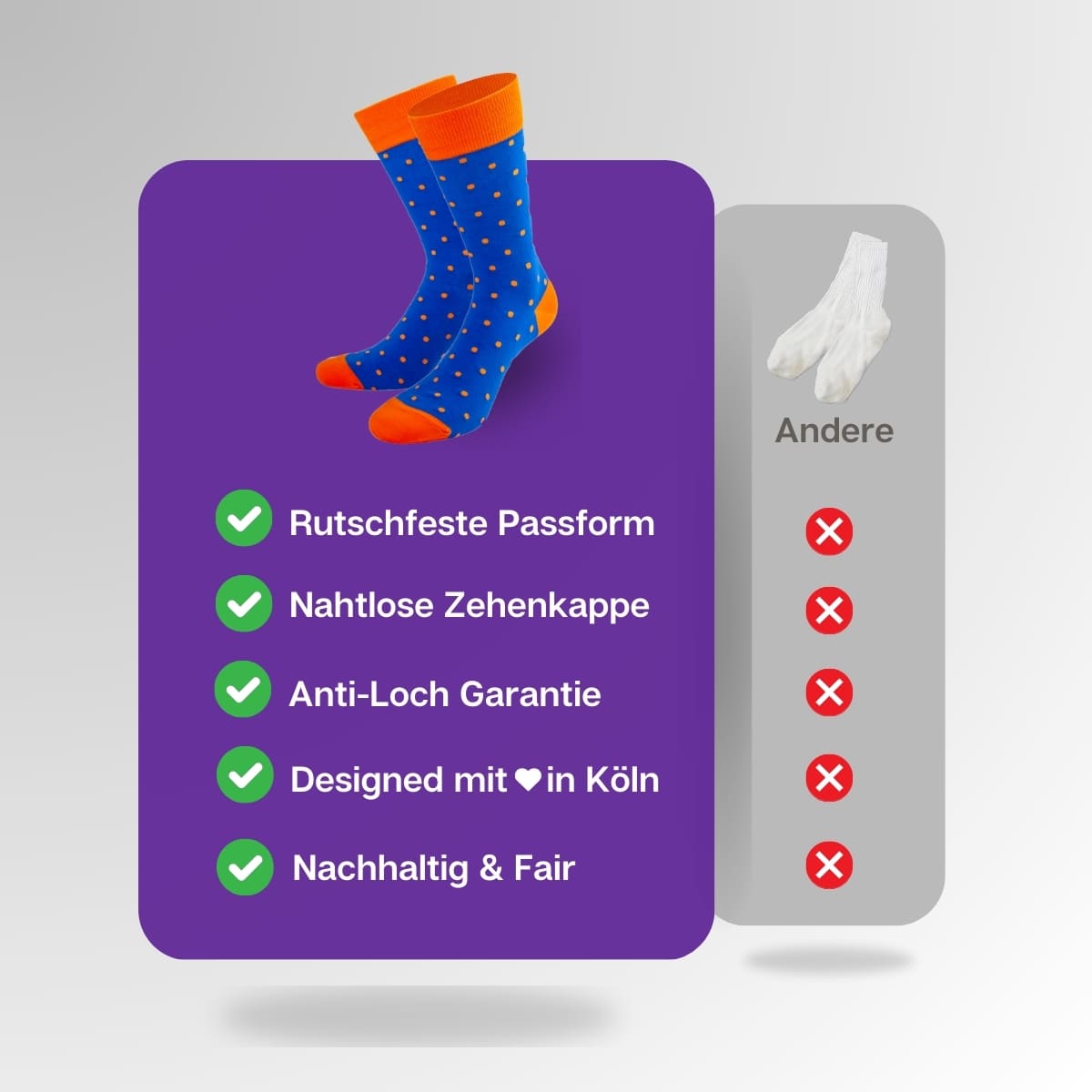 Vergleich der orange blauen Pünktchen Socken von PATRON SOCKS mit Socken anderer Marken