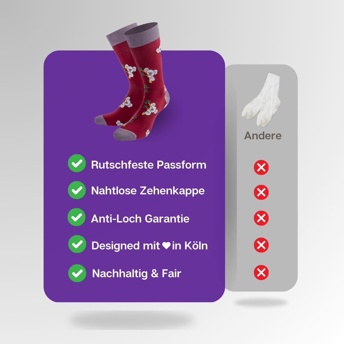 Vergleich der roten Koala Socken von PATRON SOCKS mit Socken anderer Marken