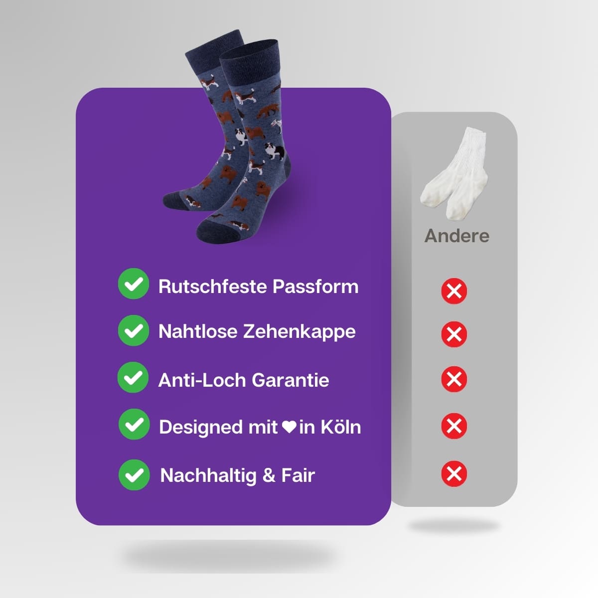 Vergleich der blauen Hunde Socken von PATRON SOCKS mit Socken anderer Marken