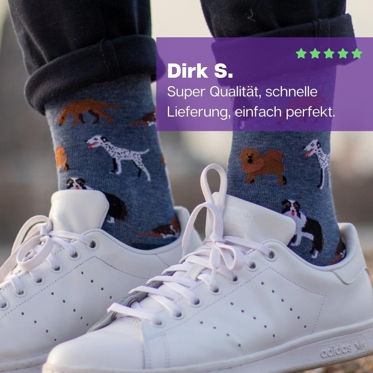 Hunde Socken von PATRON SOCKS mit weißen Adidas Schuhen
