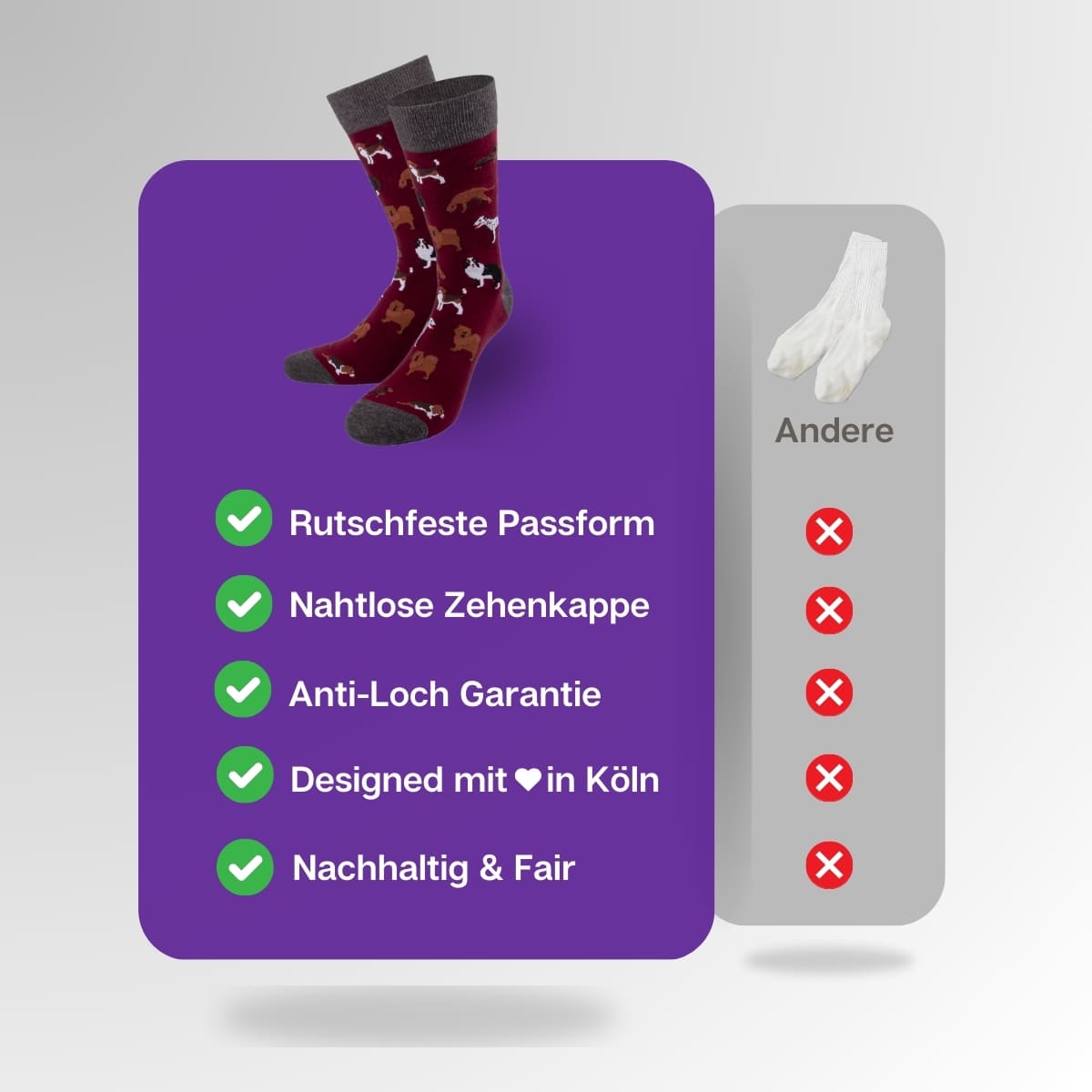 Vergleich der bordeaux Hunde Socken von PATRON SOCKS mit Socken anderer Marken