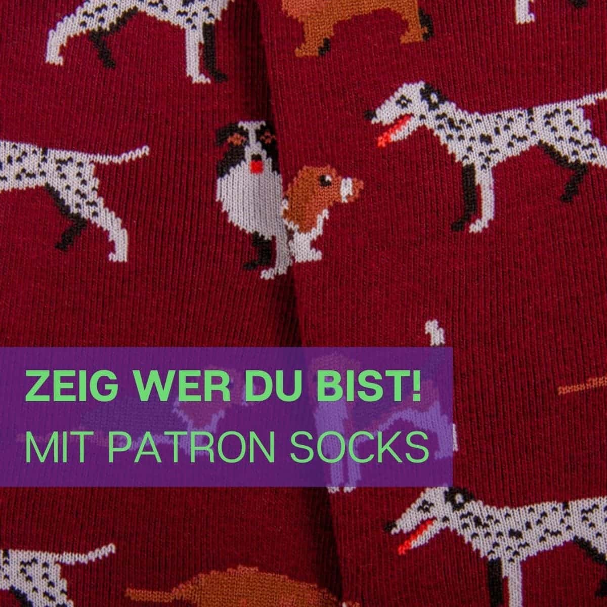 Nahaufnahme des stylischen Designs der roten Hunde Socken von PATRON SOCKS