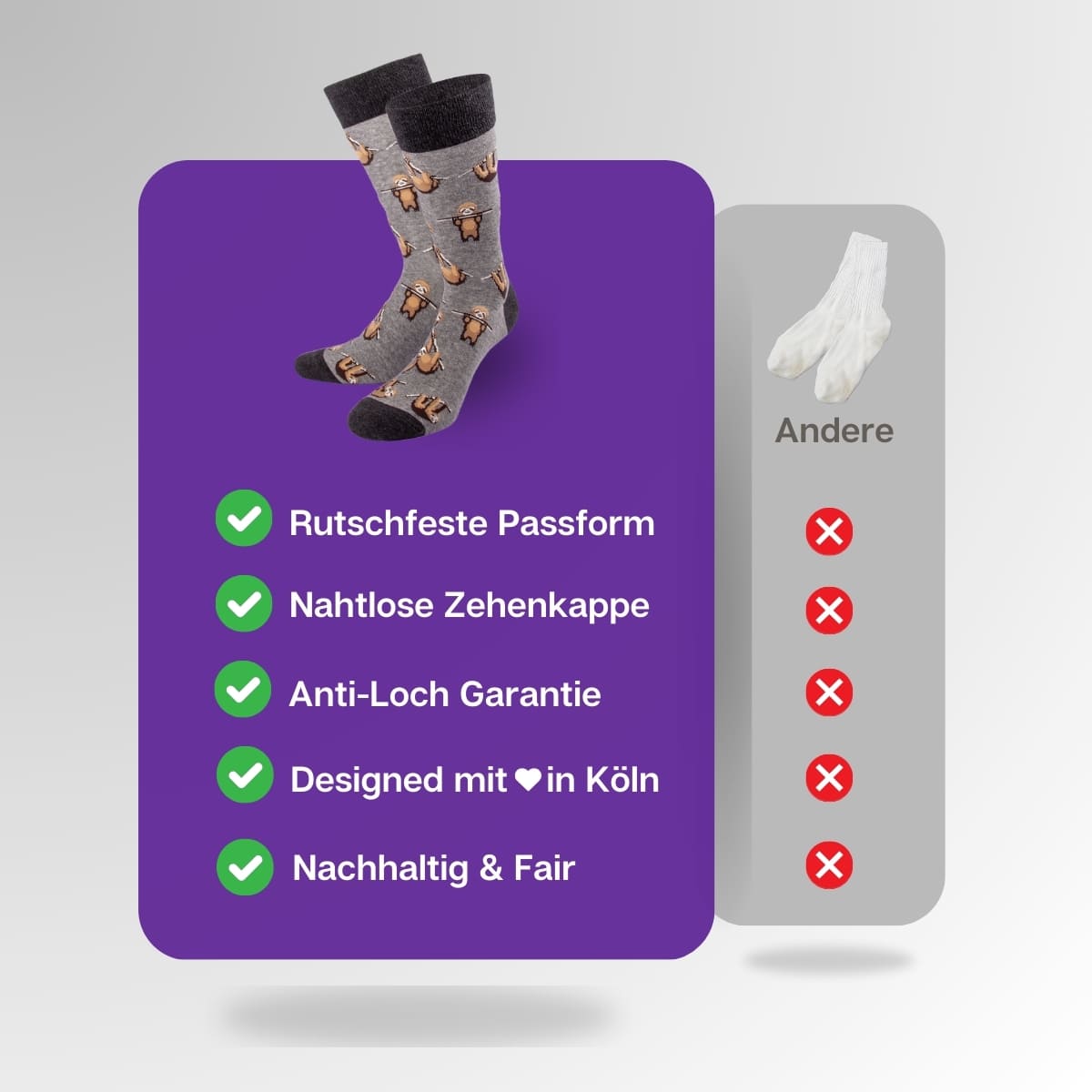 Vergleich der grauen Faultier Socken von PATRON SOCKS mit Socken anderer Marken