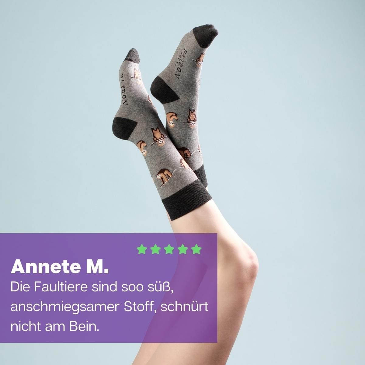 Graue Faultier Socken von PATRON SOCKS an Füßen