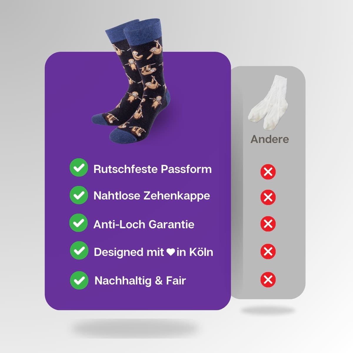 Vergleich der dunkelblau melierten Faultier Socken von PATRON SOCKS mit Socken anderer Marken