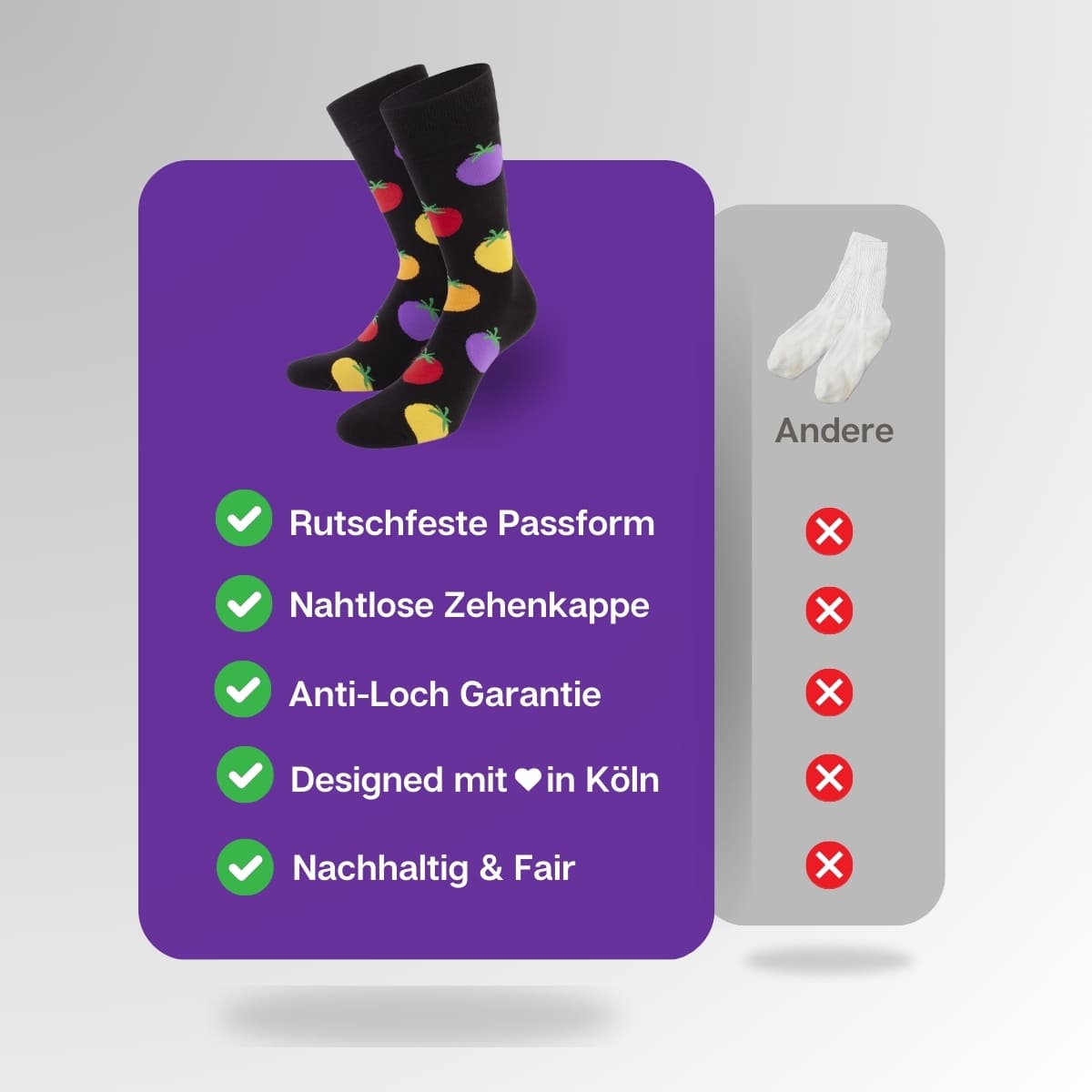 Vergleich der schwarzen Tomaten Socken von PATRON SOCKS mit Socken anderer Marken