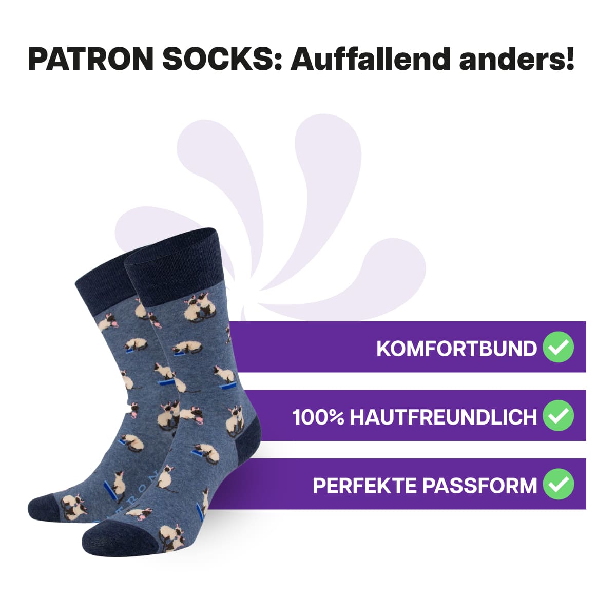 Hautfreundliche, blaue Katzen Socken von PATRON SOCKS mit Komfortbund. Sehr gute Passform!