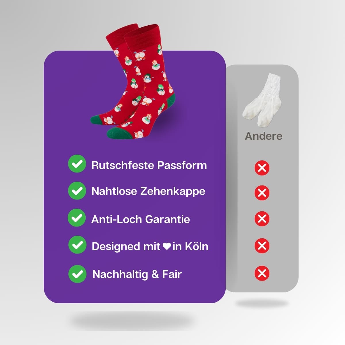 Vergleich der roten Schneemann Socken von PATRON SOCKS mit Socken anderer Marken