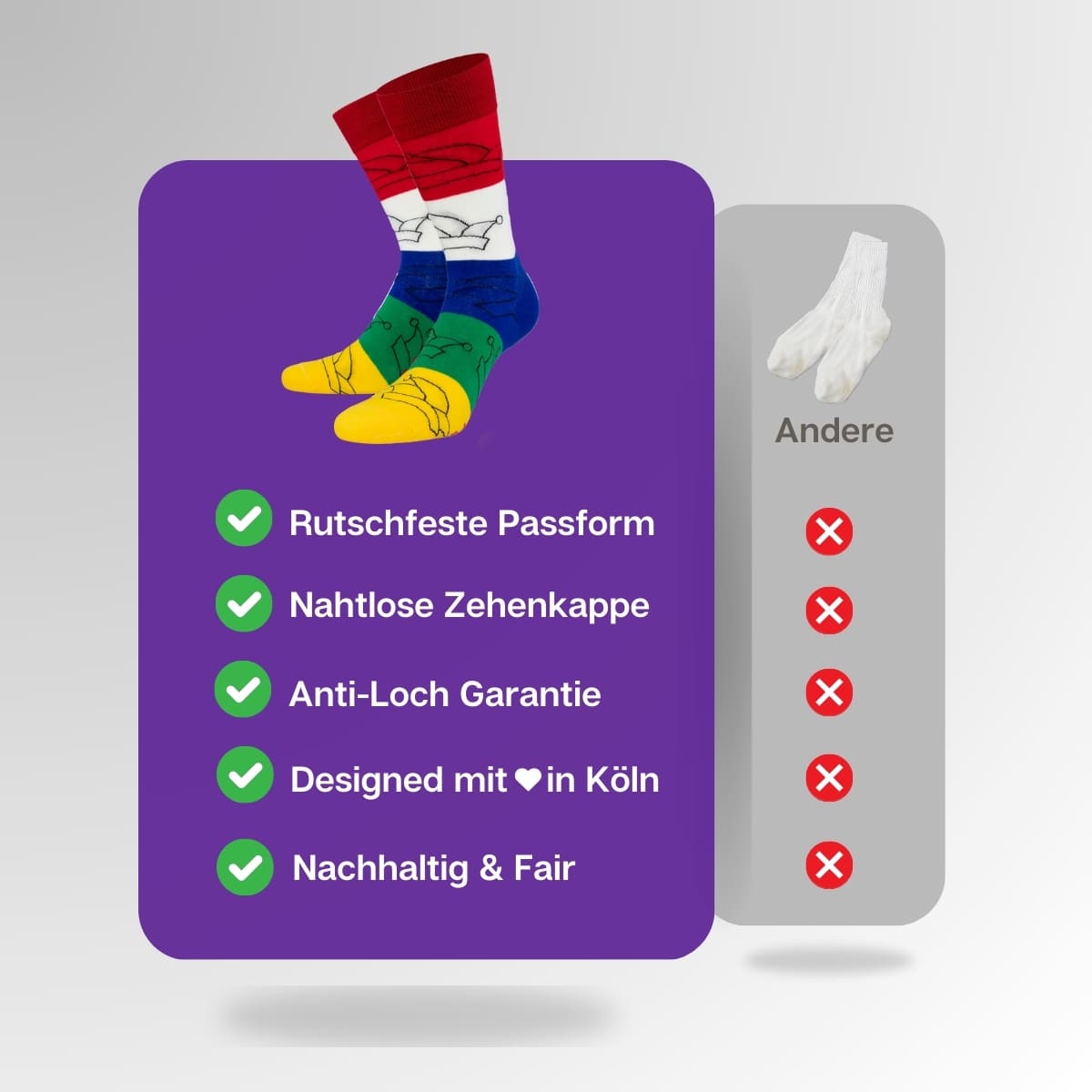 Vergleich der bunten Karneval Socken von PATRON SOCKS mit Socken anderer Marken