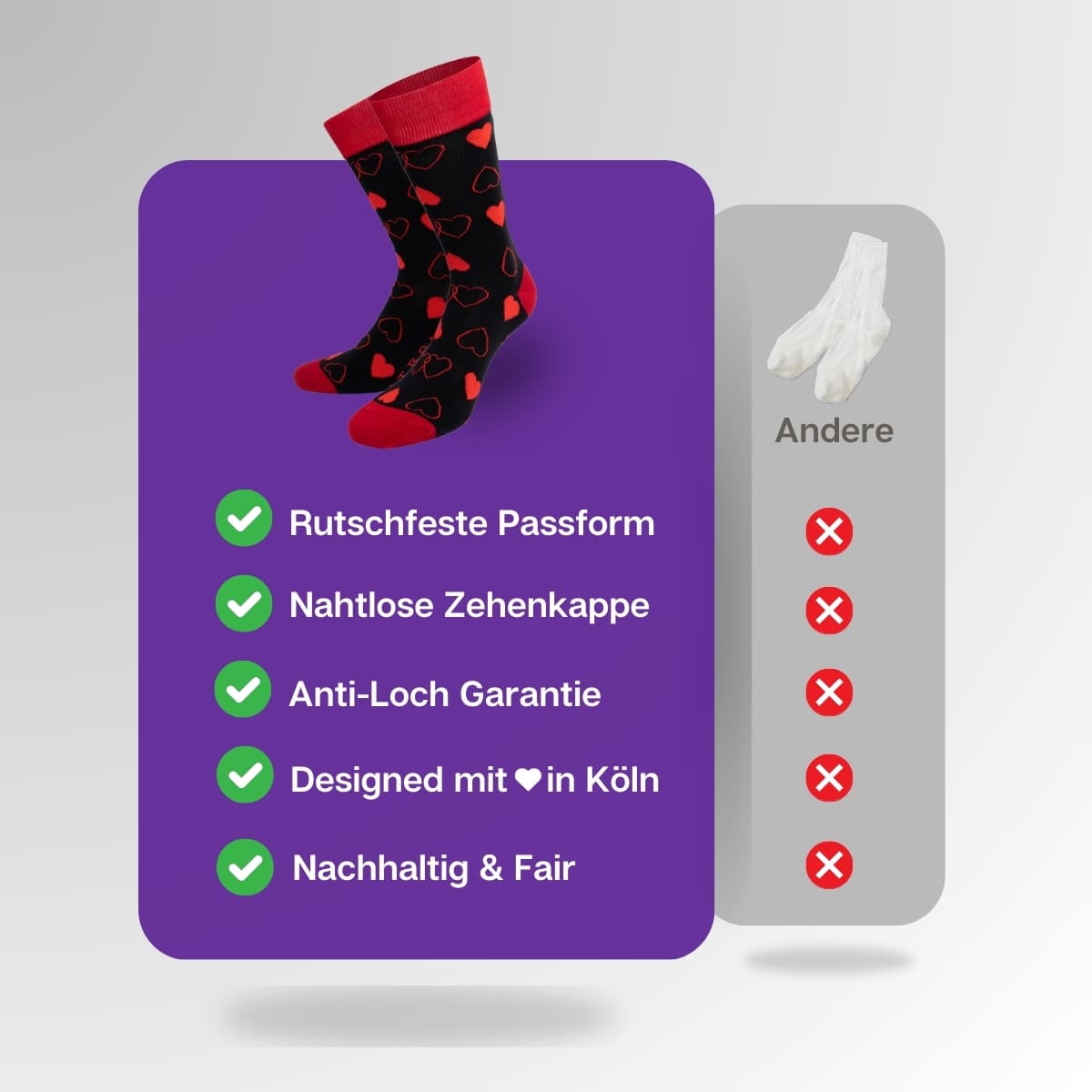 Vergleich der schwarzen Herz Socken von PATRON SOCKS mit Socken anderer Marken