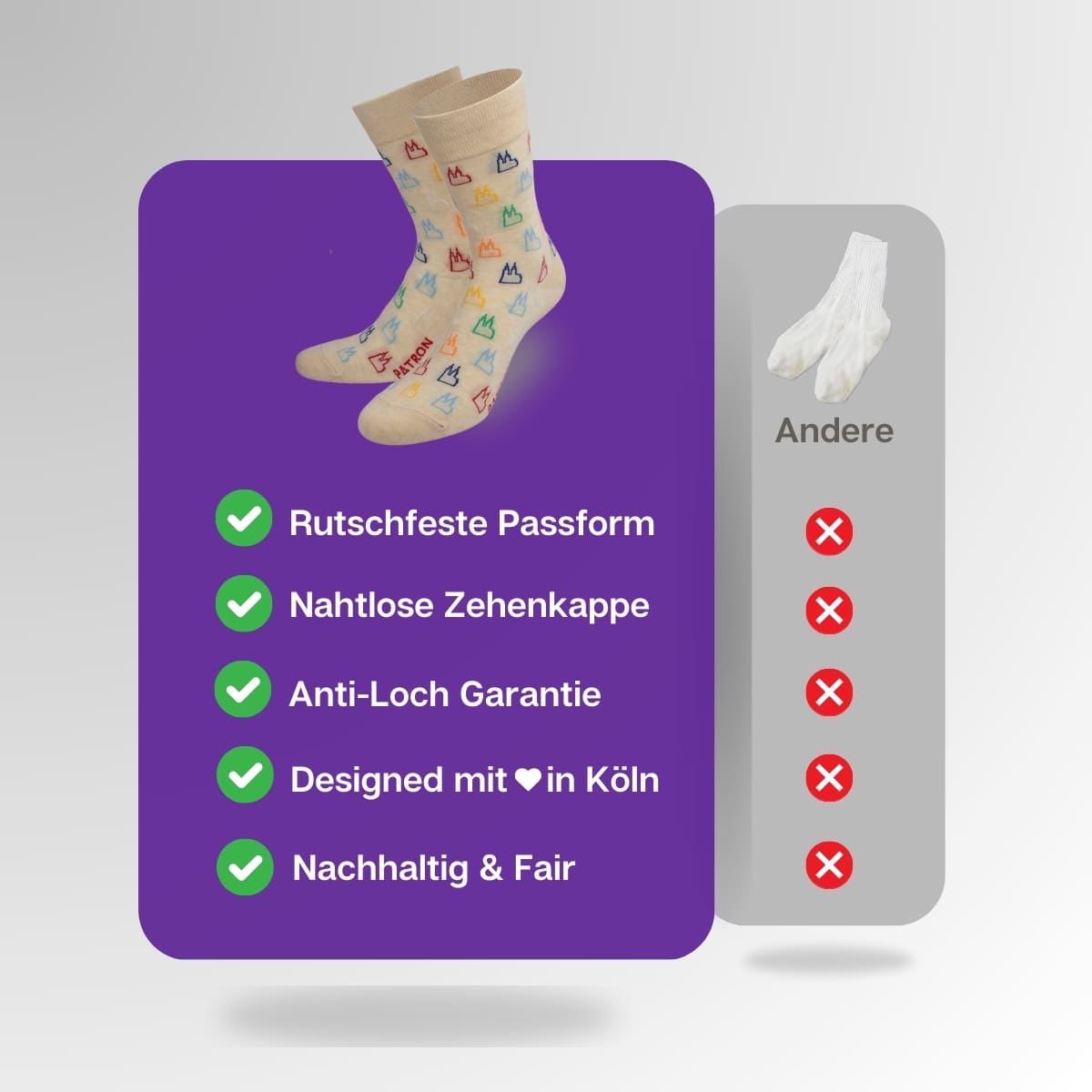 Vergleich der beigen Kölner Dom Socken von PATRON SOCKS mit Socken anderer Marken