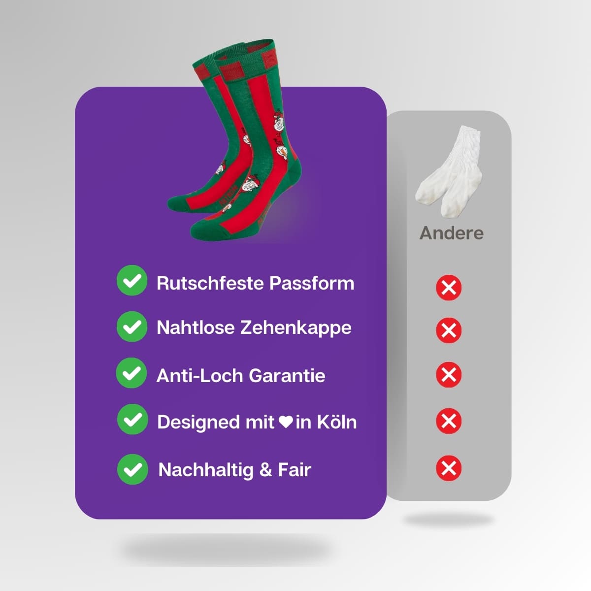 Vergleich der Weihnachtself Socken von PATRON SOCKS mit Socken anderer Marken