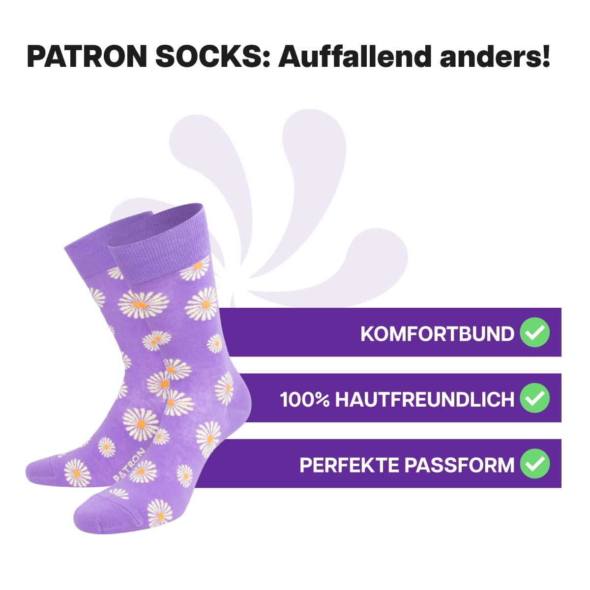 Hautfreundliche lila-weiss-gelbe Blumen Socken von PATRON SOCKS mit Komfortbund. Sehr gute Passform!