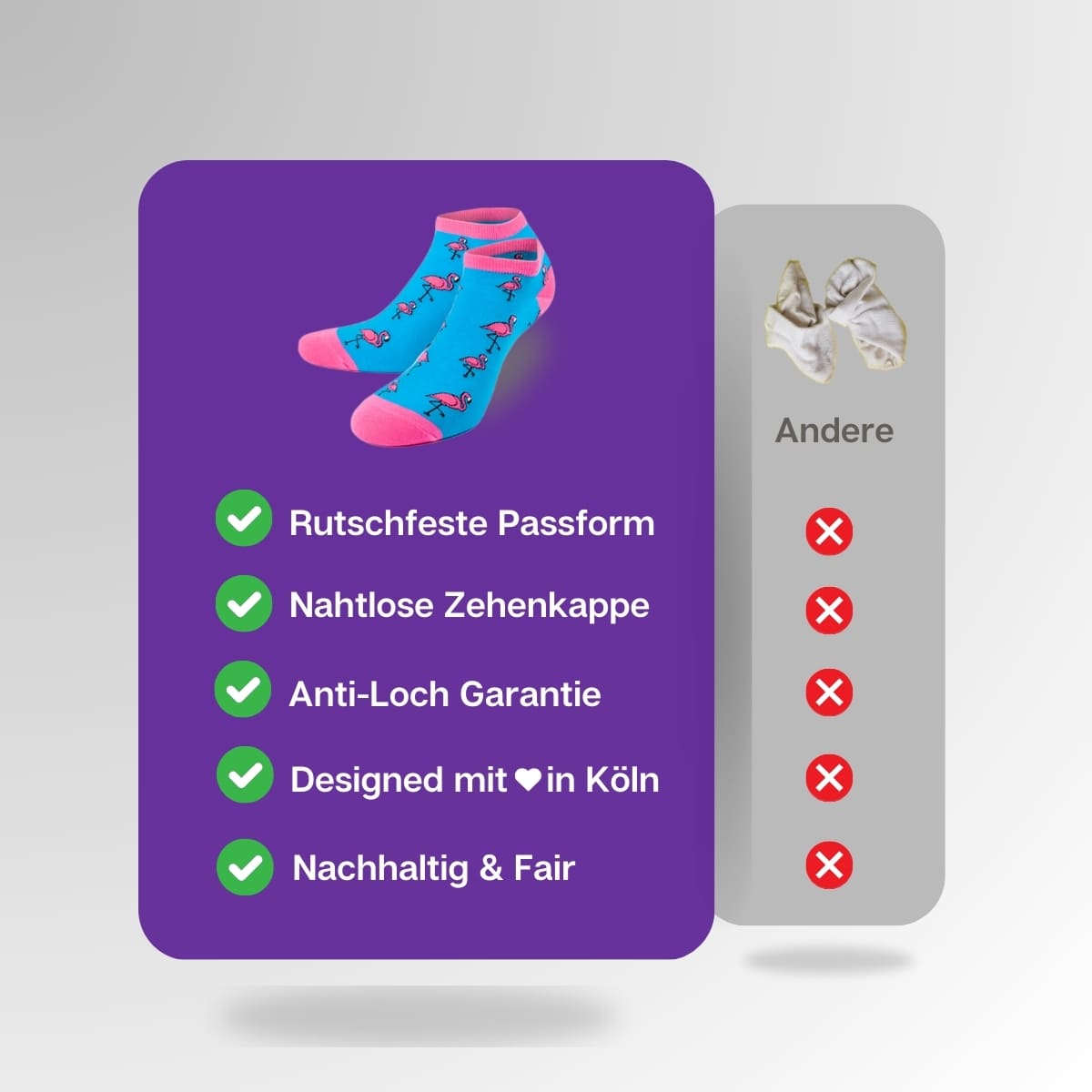 Vergleich der türkisen Flamingo
Sneaker Socken von PATRON SOCKS mit Sneaker Socken anderer Marken