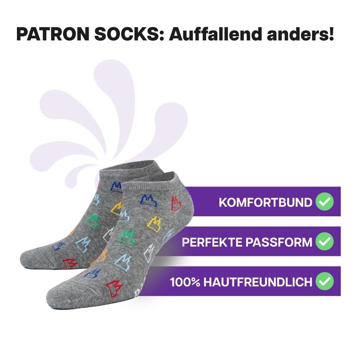 Multifunktionale graue Sneaker Socken mit Dom Motiv von PATRON SOCKS. Sehr gute Passform!