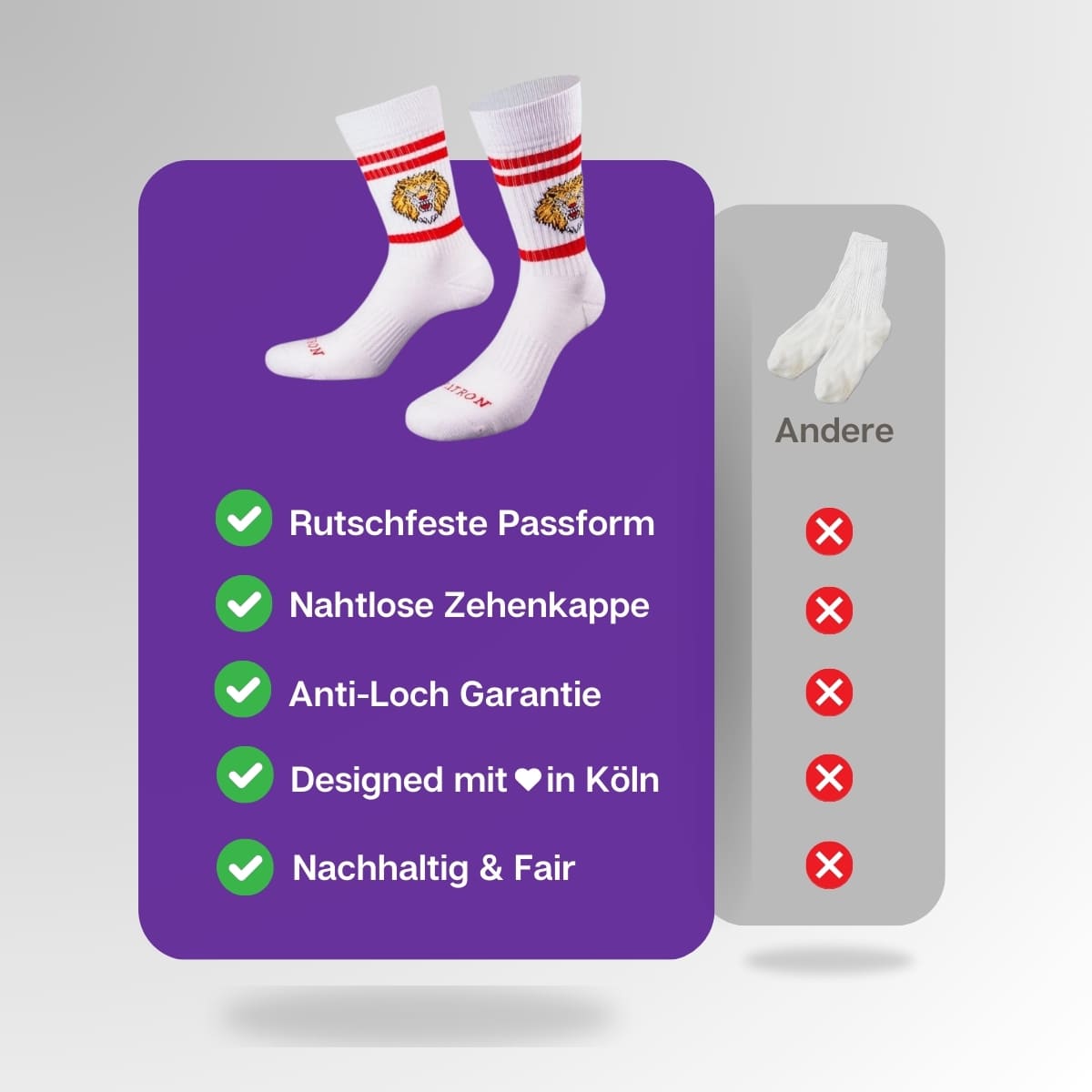 Vergleich der weißen Löwensocken von PATRON SOCKS mit Sportsocken anderer Marken