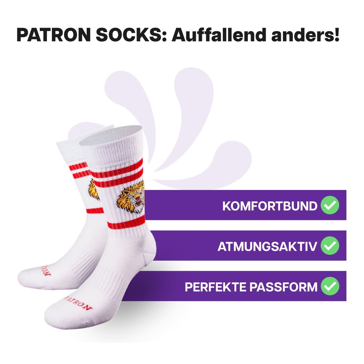 Hautfreundliche, weiße Löwen Tennissocken von PATRON SOCKS mit Komfortbund. Perfekte Passform!