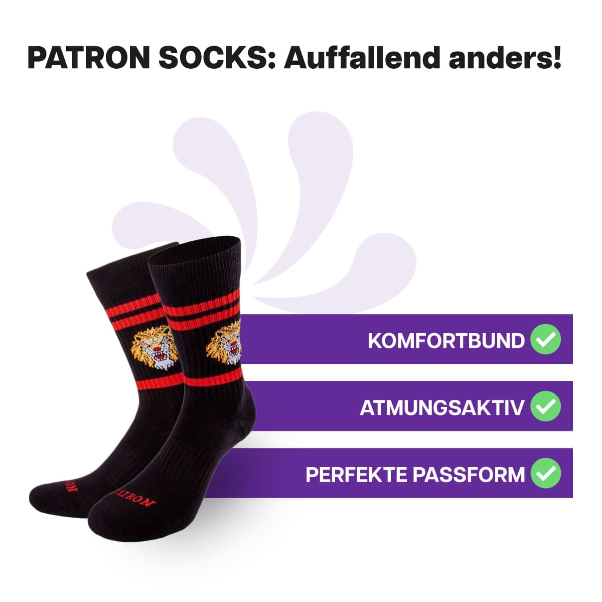 Hautfreundliche, schwarze Löwen Tennissocken von PATRON SOCKS mit Komfortbund. Perfekte Passform!