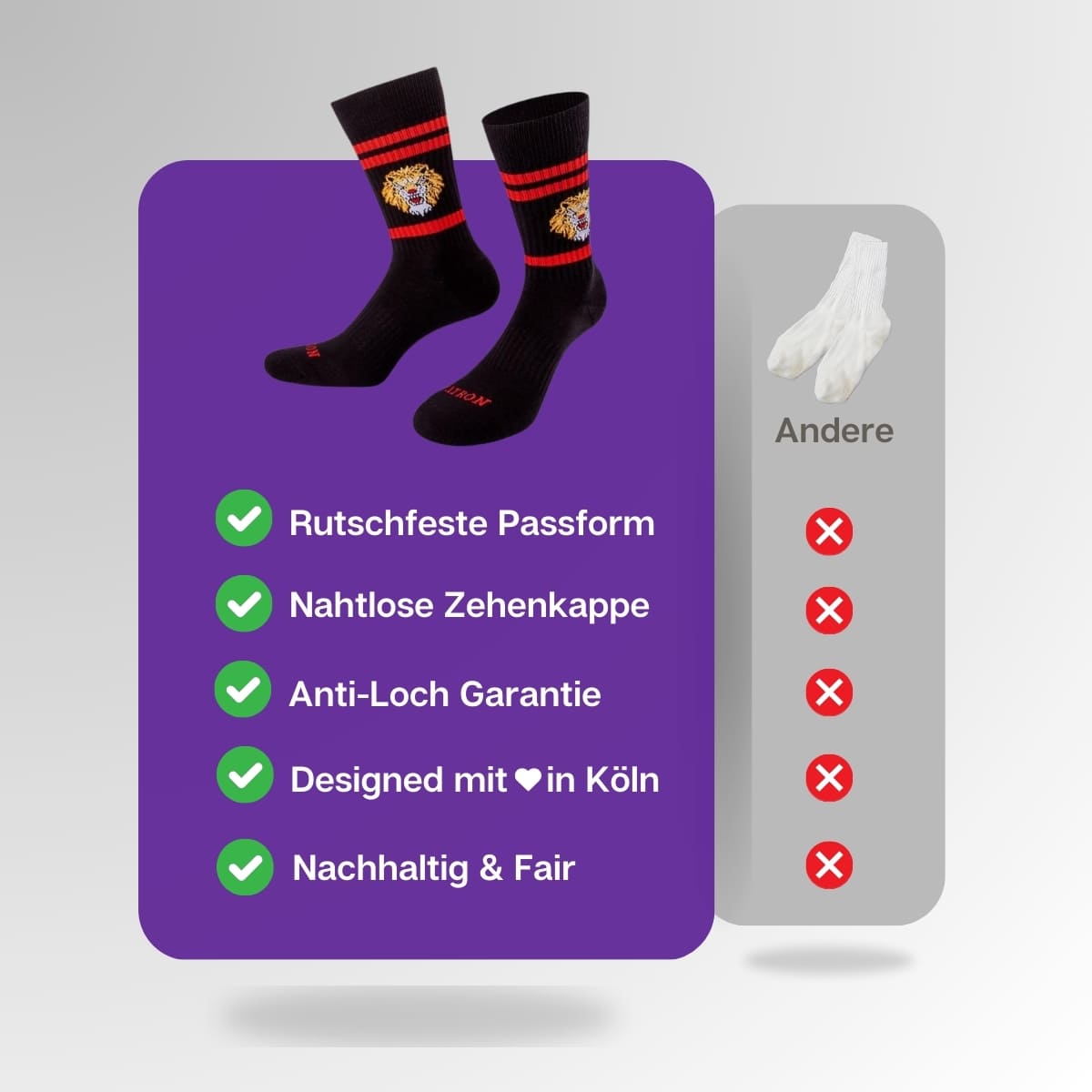 Vergleich der schwarzen Löwensocken von PATRON SOCKS mit Sportsocken anderer Marken