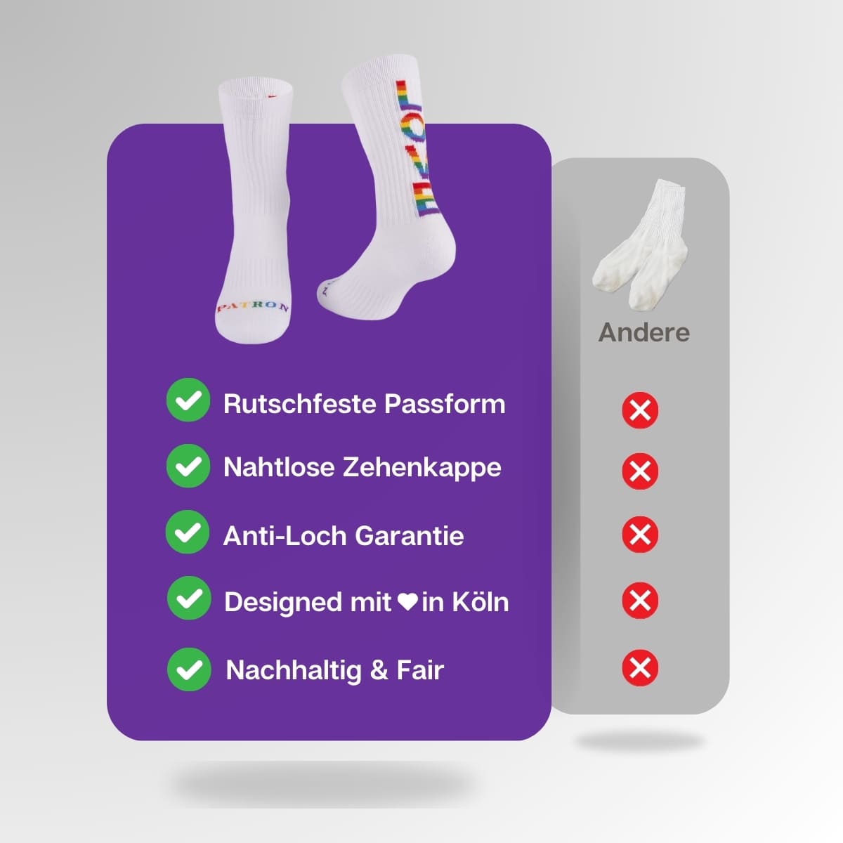 Vergleich der weißen Pride Socken von PATRON SOCKS mit Sportsocken anderer Marken