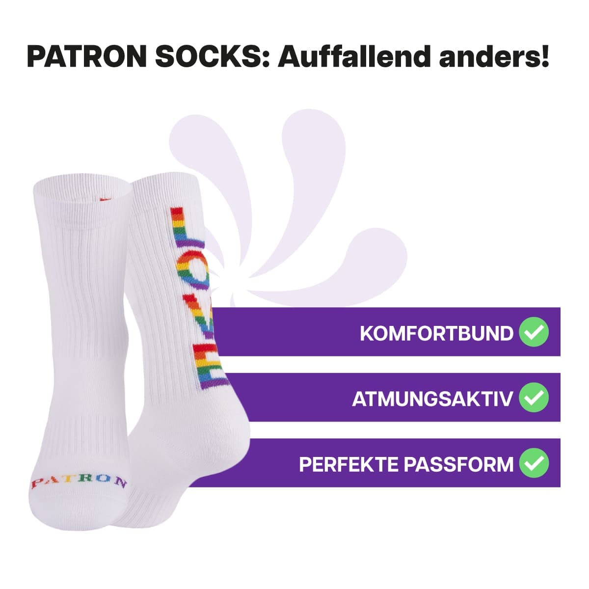 Hautfreundliche, weiße Pride Tennissocken von PATRON SOCKS mit Komfortbund. Perfekte Passform!