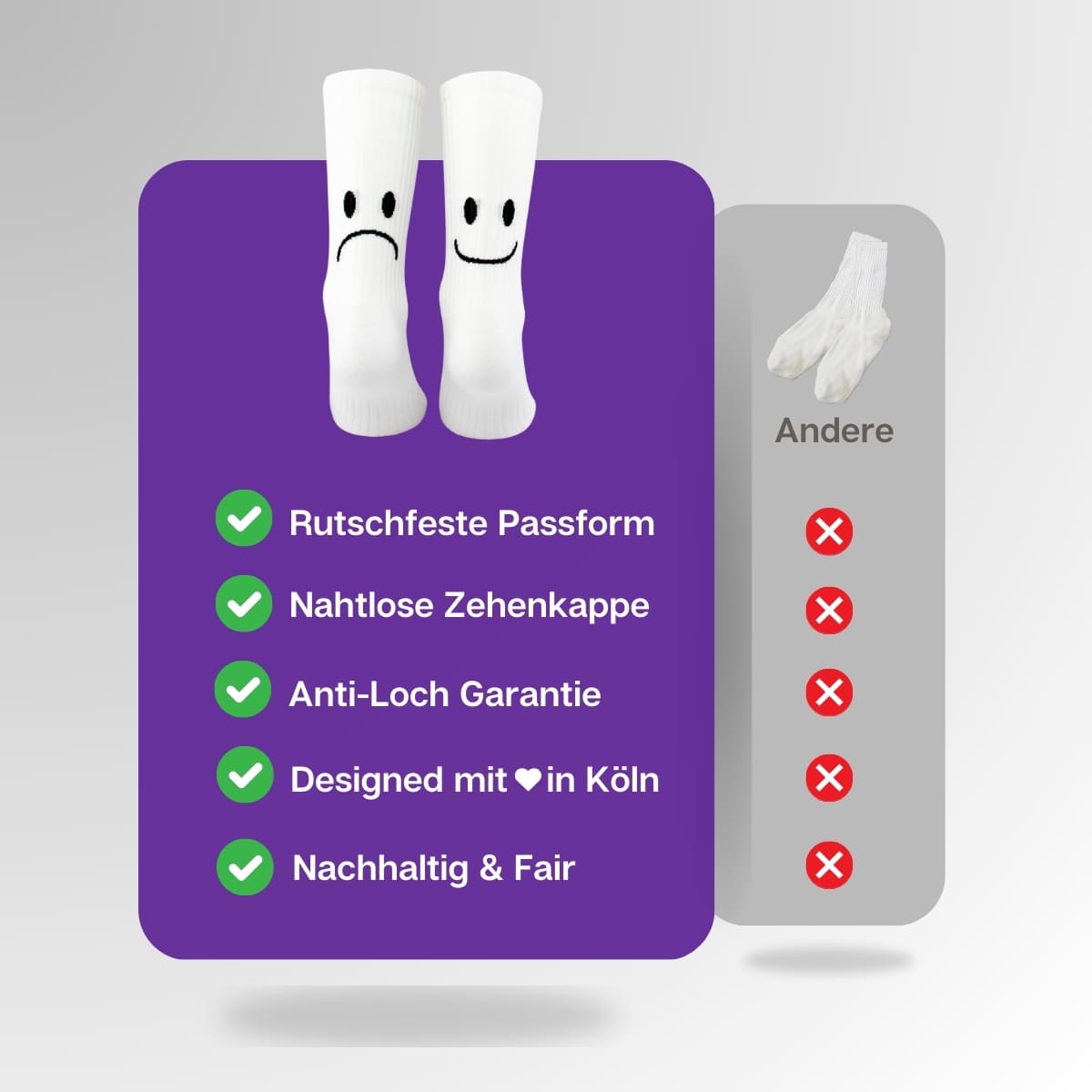 Vergleich der weißen Smile Socken von PATRON SOCKS mit Sportsocken anderer Marken