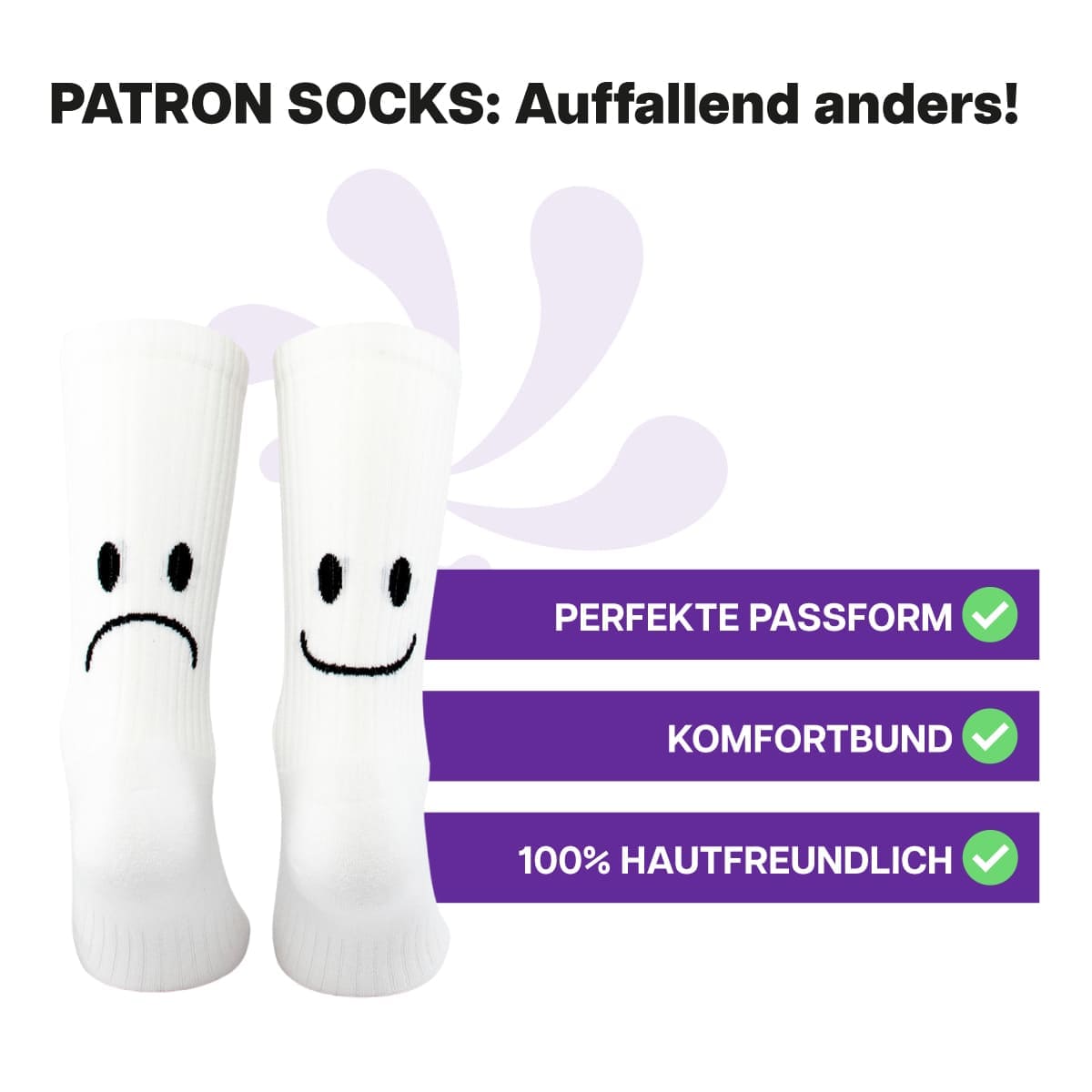 Multifunktionale, weiße Sportsocke mit Smile Motiv von PATRON SOCKS mit Komfortbund. Perfekte Passform!