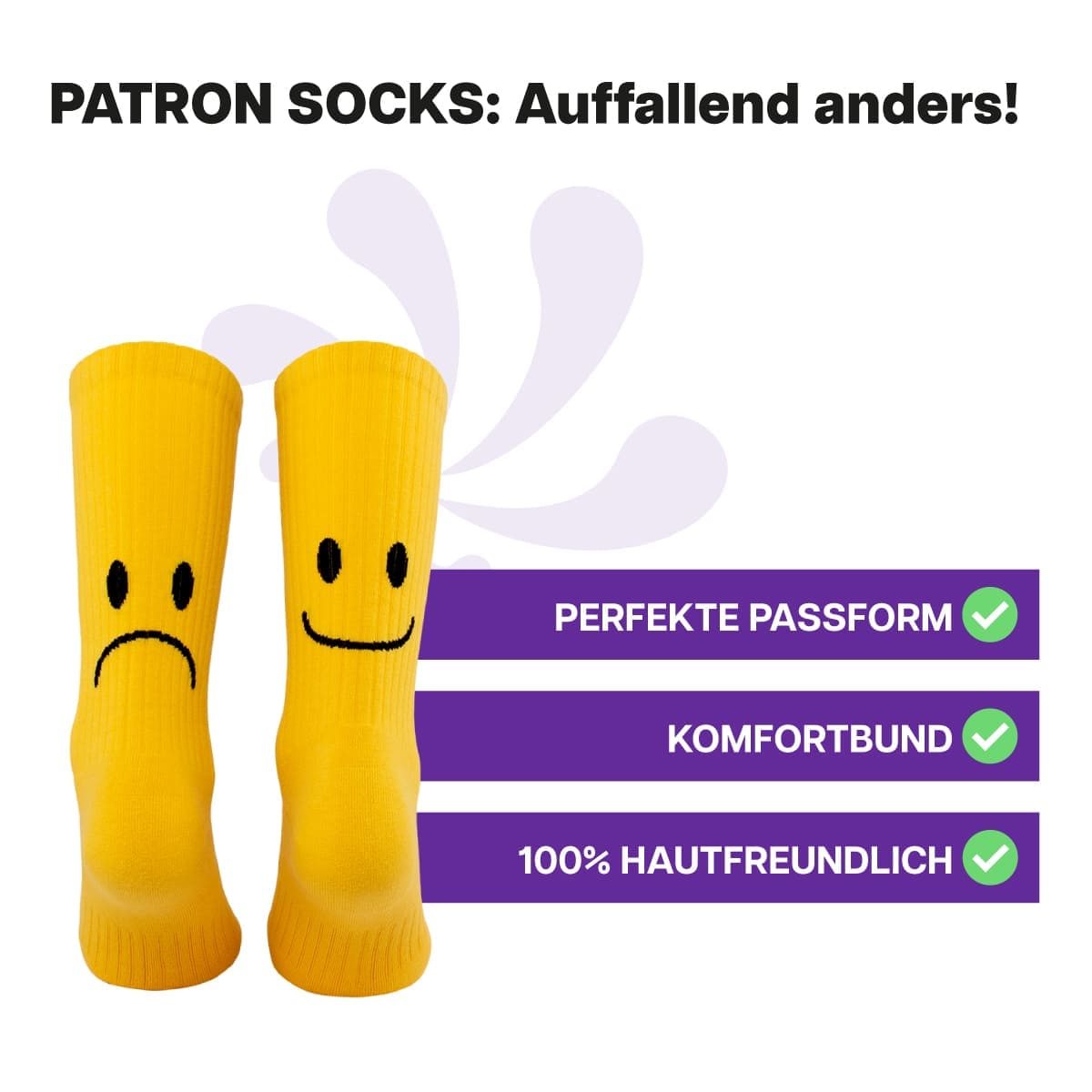 Hautfreundliche, gelbe Sportsocken mit Smile Motiv von PATRON SOCKS