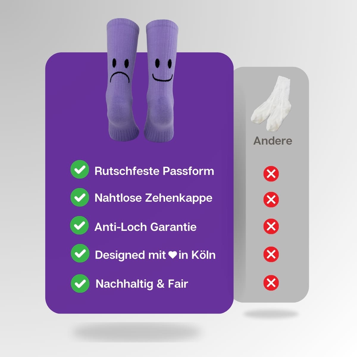 Vergleich der lila Smile Socken von PATRON SOCKS mit Sportsocken anderer Marken