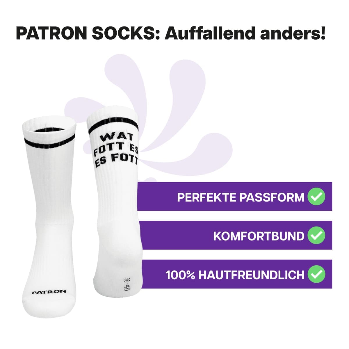Multifunktionale, weiße Sportsocke mit Watt fott Schriftzug von PATRON SOCKS