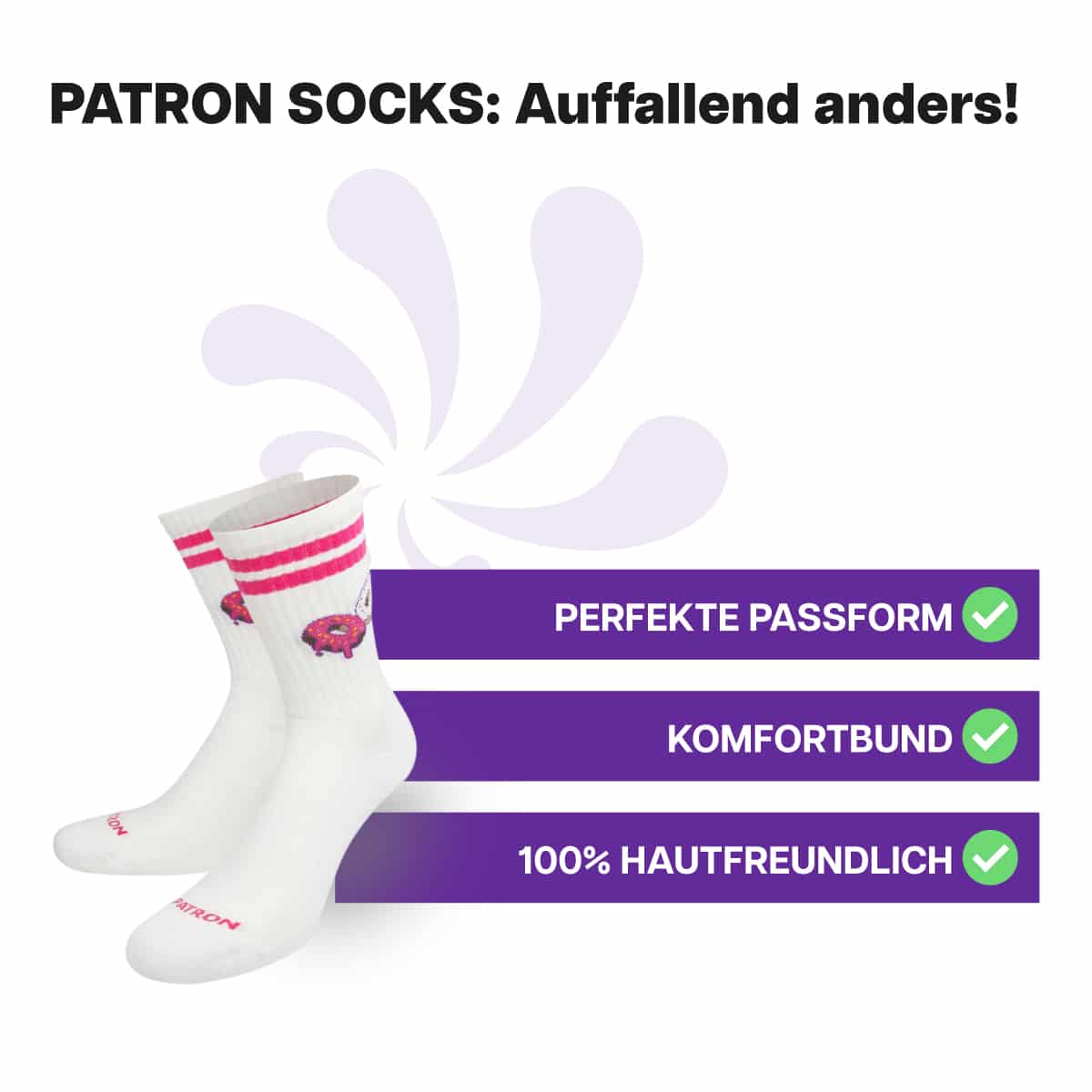 Hautfreundliche, halbhohe Sportsocken mit pinken Donut Motiv von PATRON SOCKS