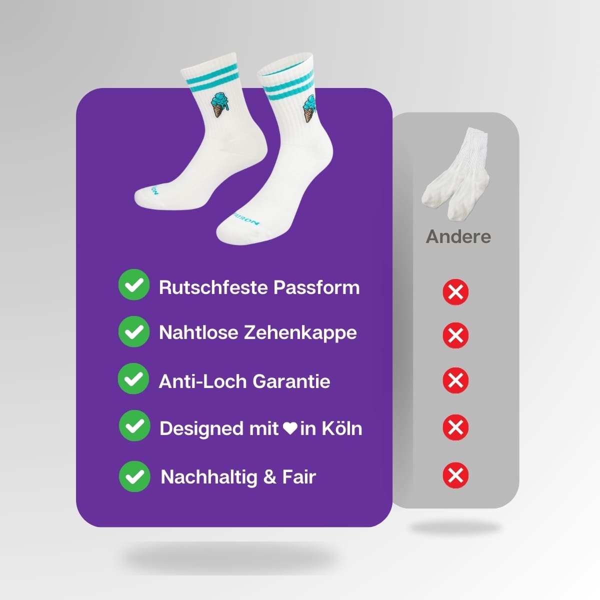 Vergleich der weißen Eistüten Socken von PATRON SOCKS mit Sportsocken anderer Marken