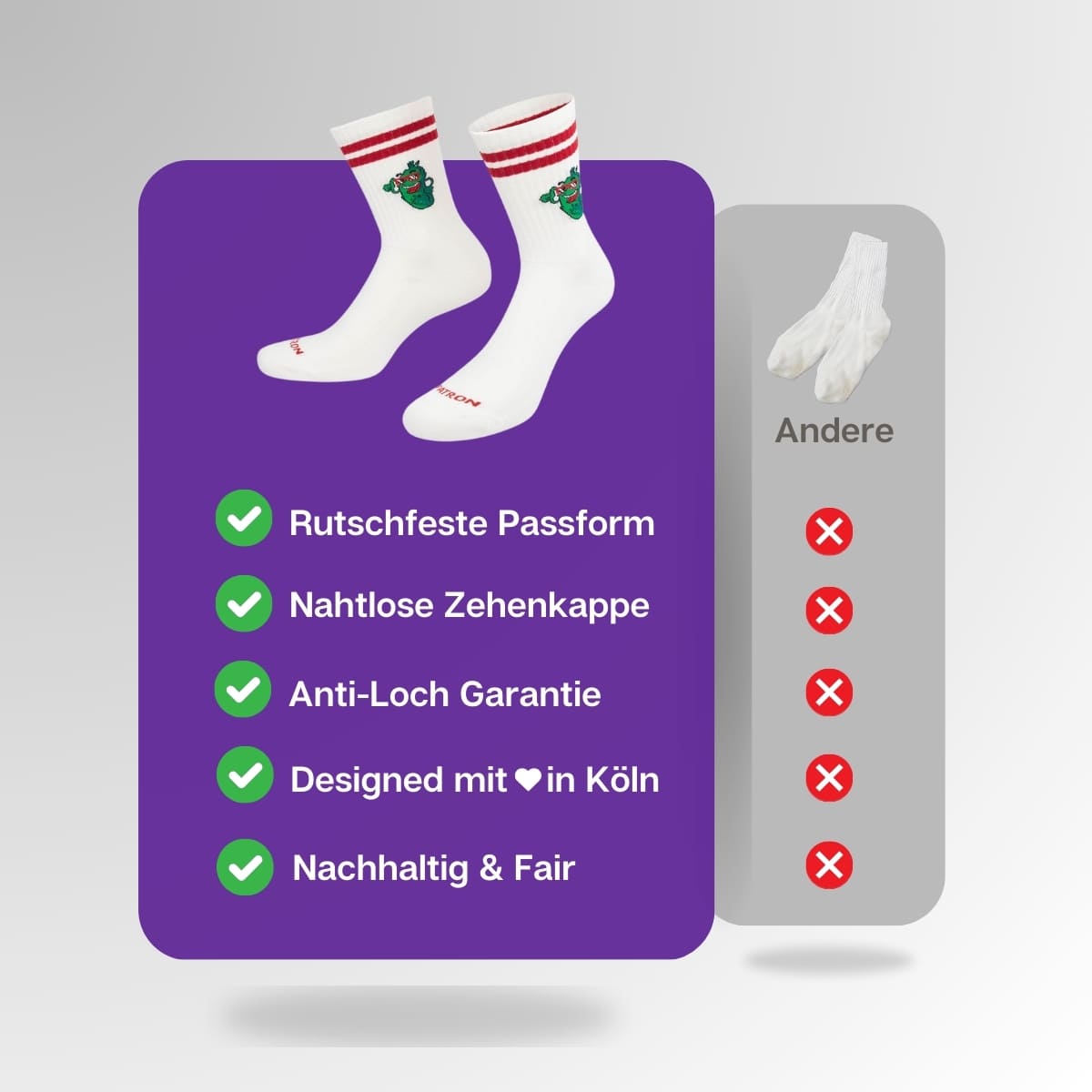 Vergleich der weißen Gurken Socken von PATRON SOCKS mit Sportsocken anderer Marken
