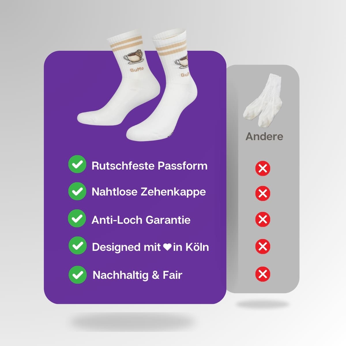 Vergleich der weißen GuMo Socken von PATRON SOCKS mit Sportsocken anderer Marken