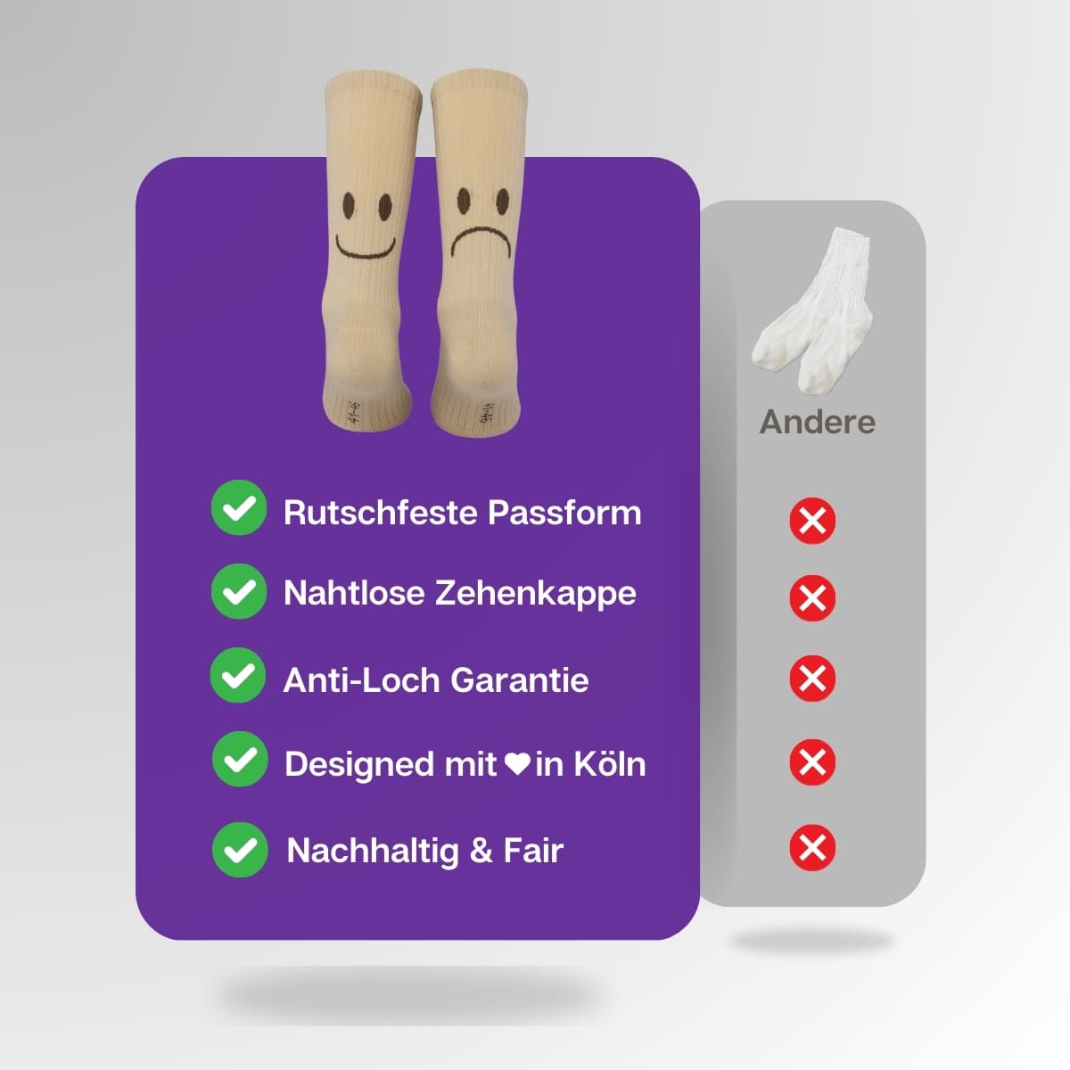 Vergleich der beigen Smile Socken von PATRON SOCKS mit Sportsocken anderer Marken