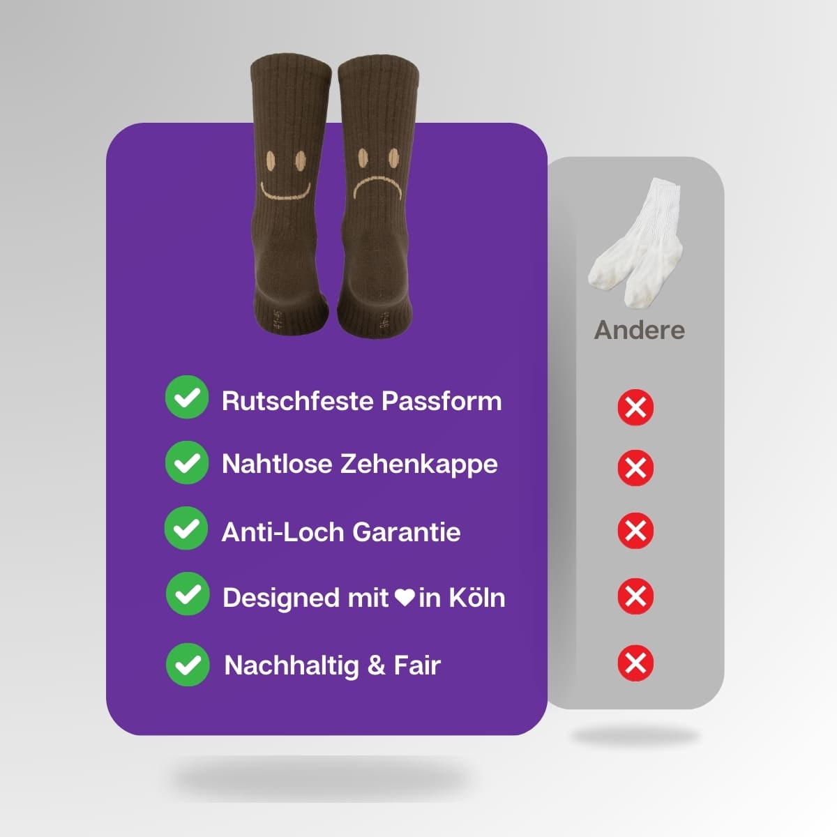 Vergleich der braunen Smile Socken von PATRON SOCKS mit Sportsocken anderer Marken