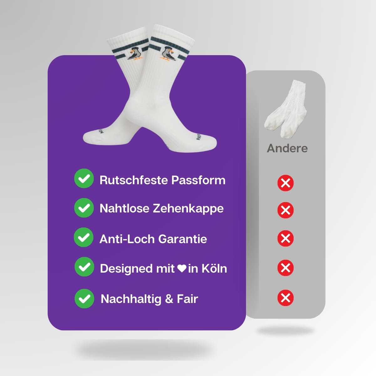 Vergleich der weißen Möwen Socken von PATRON SOCKS mit Sportsocken anderer Marken