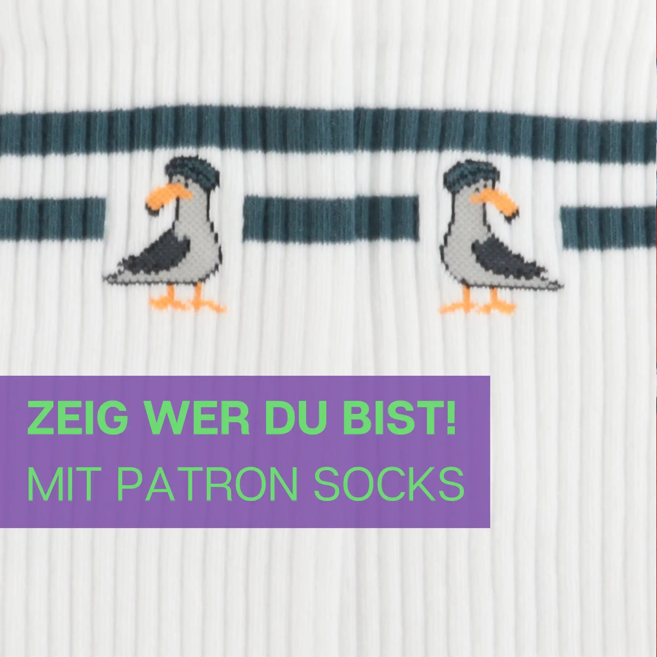 Nahaufnahme des bequemen Designs der weißen Tennissocken mit Möwen Motiv von PATRON SOCKS