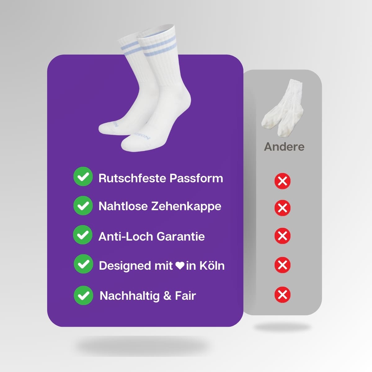 Vergleich der weißen, blau gestreiften Socken von PATRON SOCKS mit Sportsocken anderer Marken