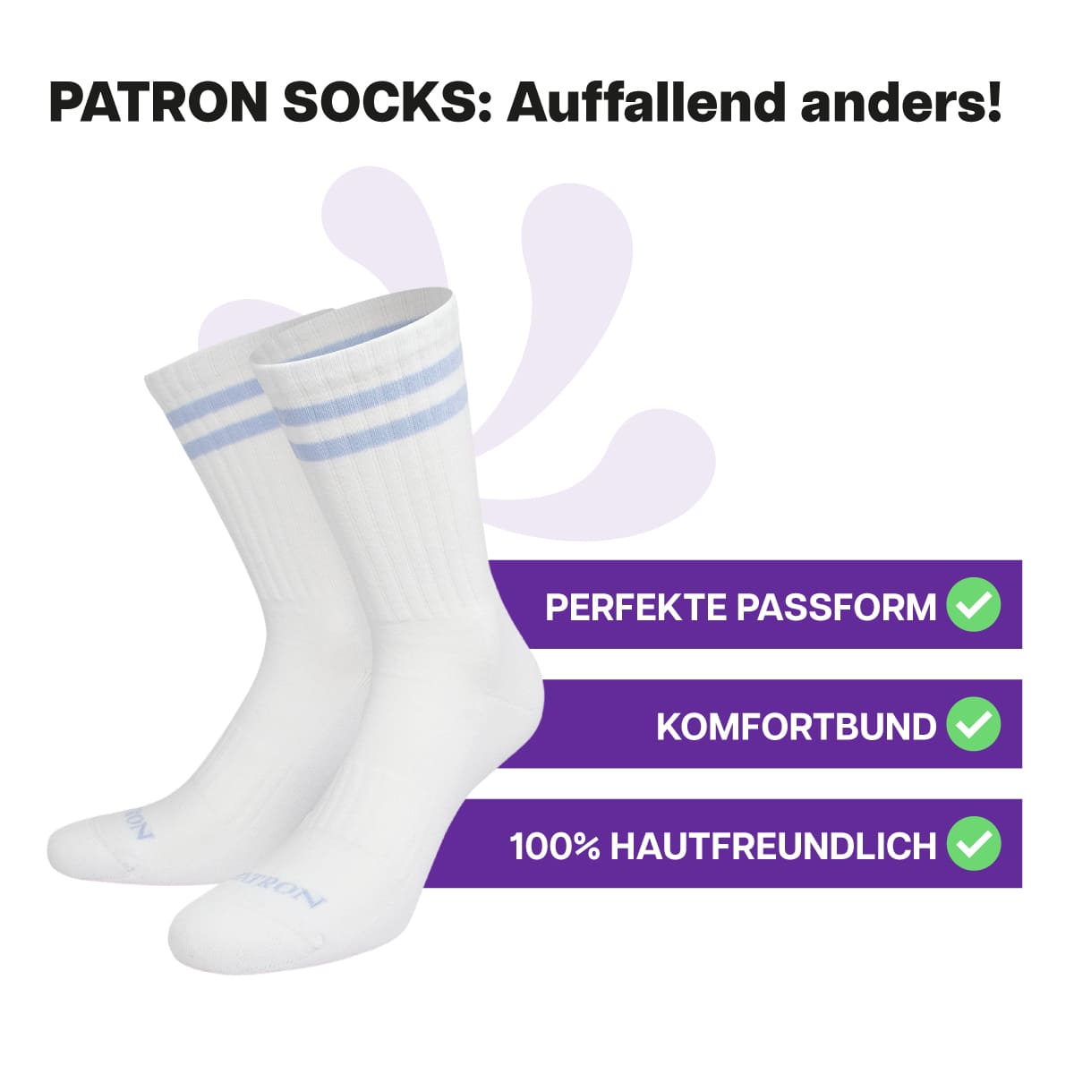 Hautfreundliche, weiße Sportsocken mit hellblauen Streifen und Komfortbund von PATRON SOCKS